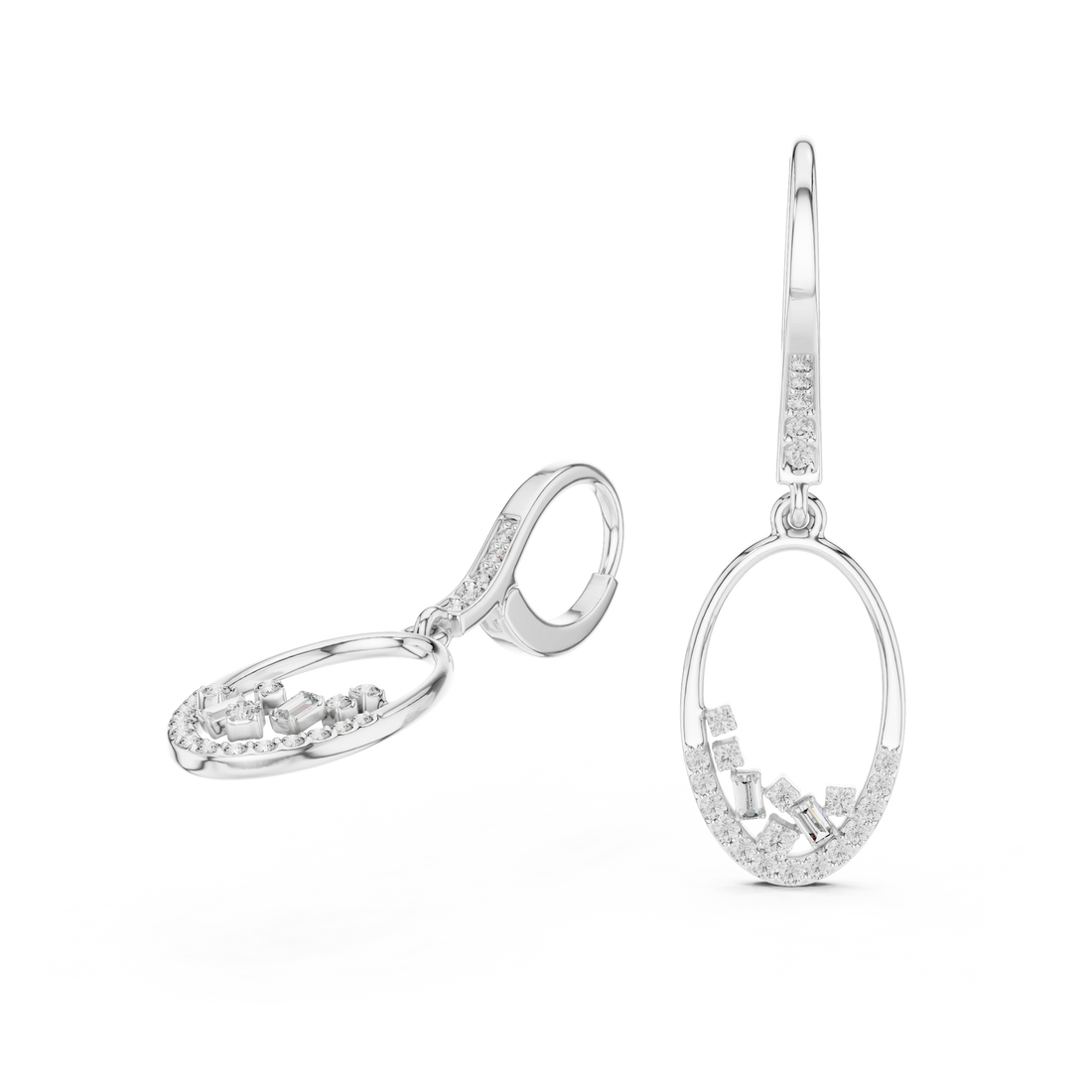 Oval Pavé Diamond Drop Earrings with Baguette Accents