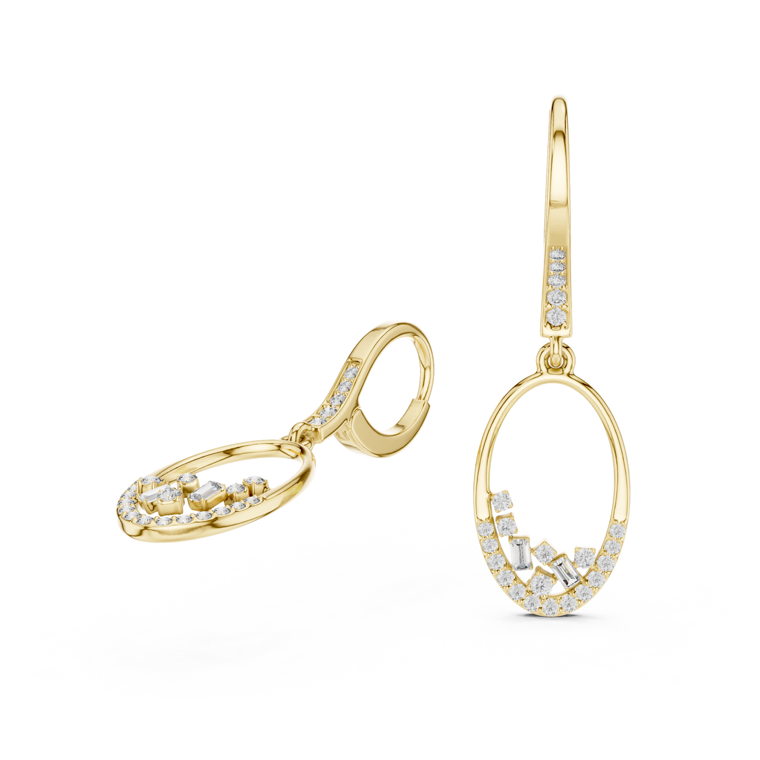 Oval Pavé Diamond Drop Earrings with Baguette Accents