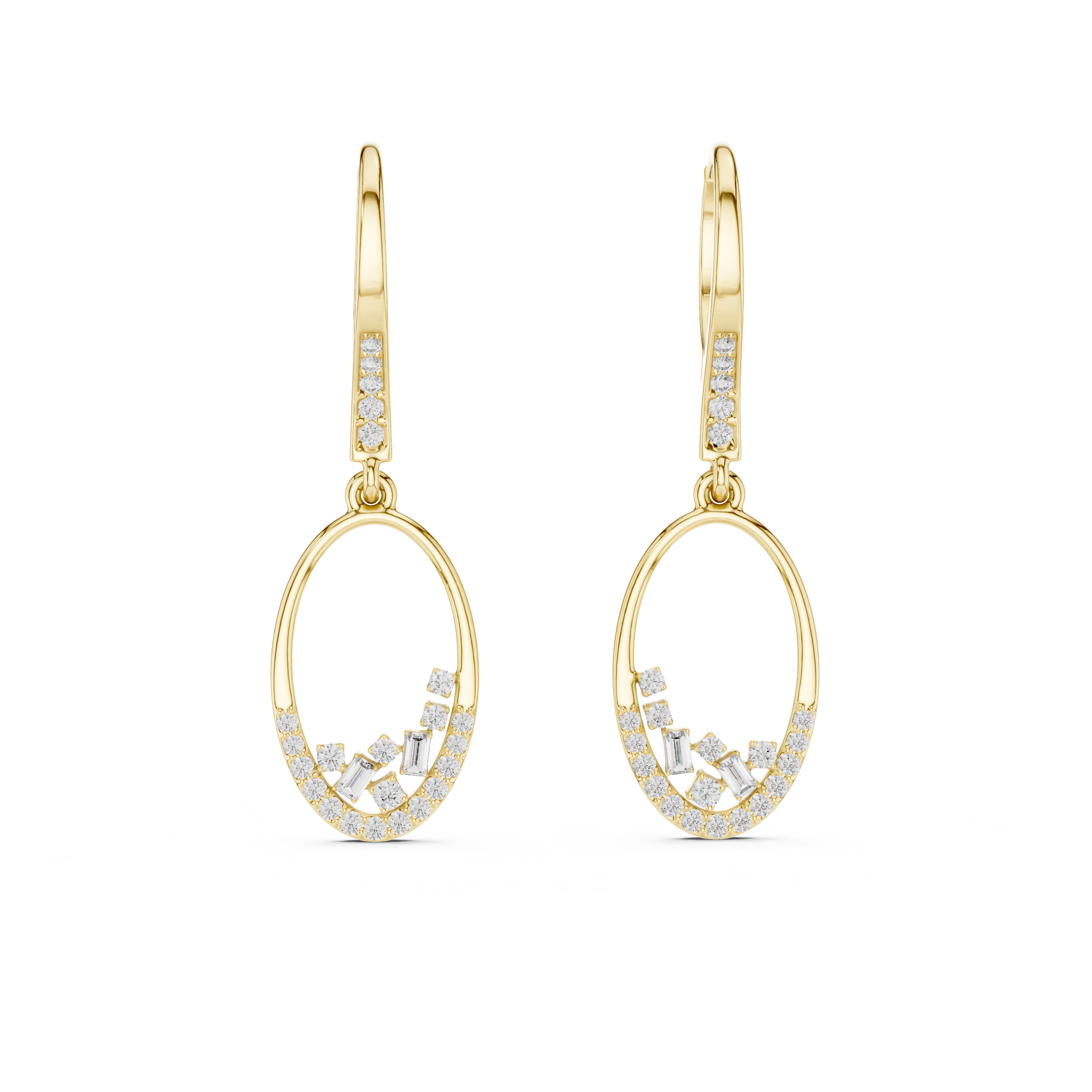 Oval Pavé Diamond Drop Earrings with Baguette Accents