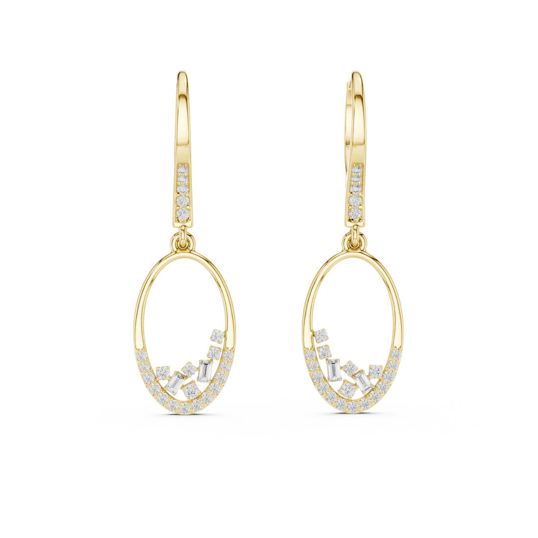 Oval Pavé Diamond Drop Earrings with Baguette Accents