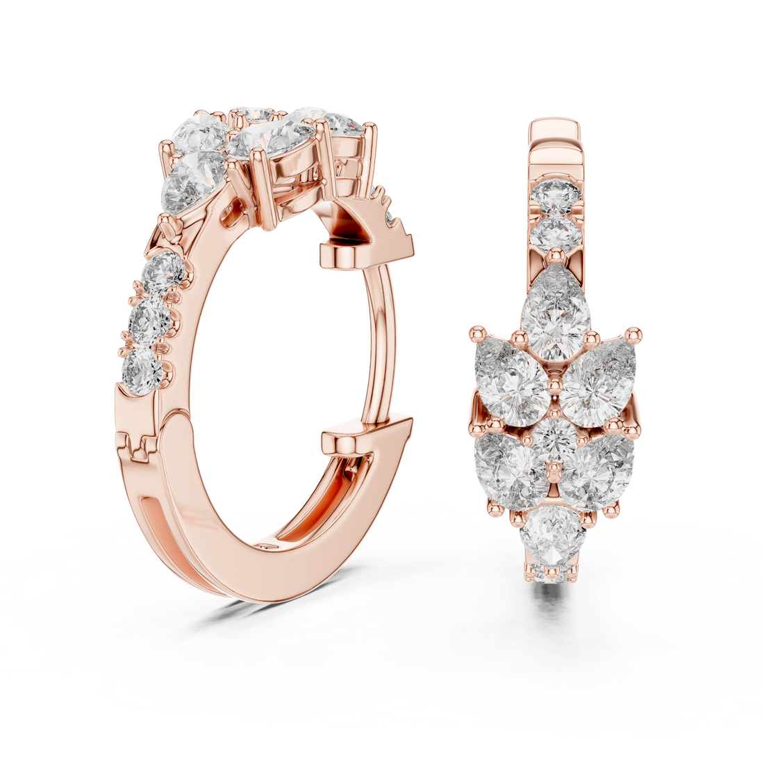 Pear and Round Diamond Floral Huggie Earrings with Layered Brilliance