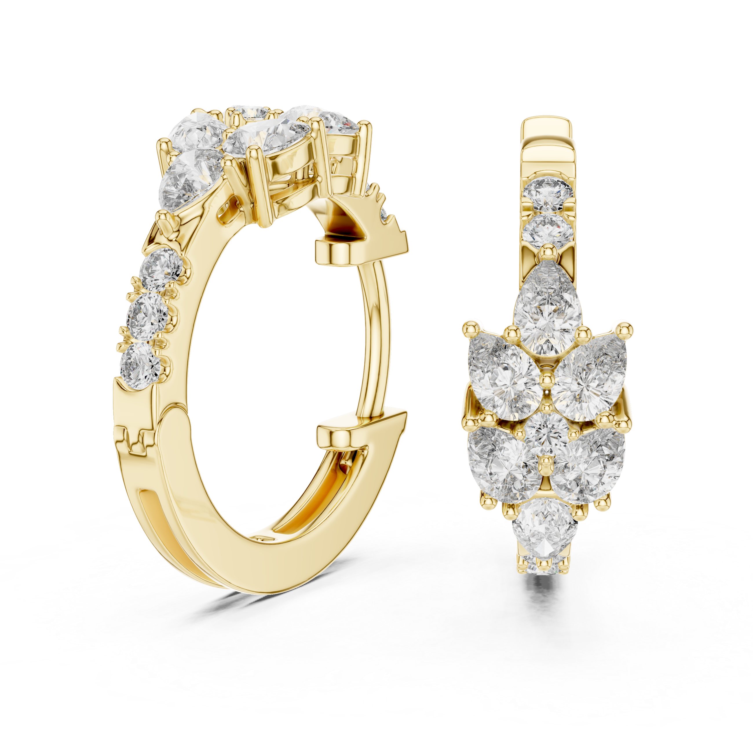 Pear and Round Diamond Floral Huggie Earrings with Layered Brilliance