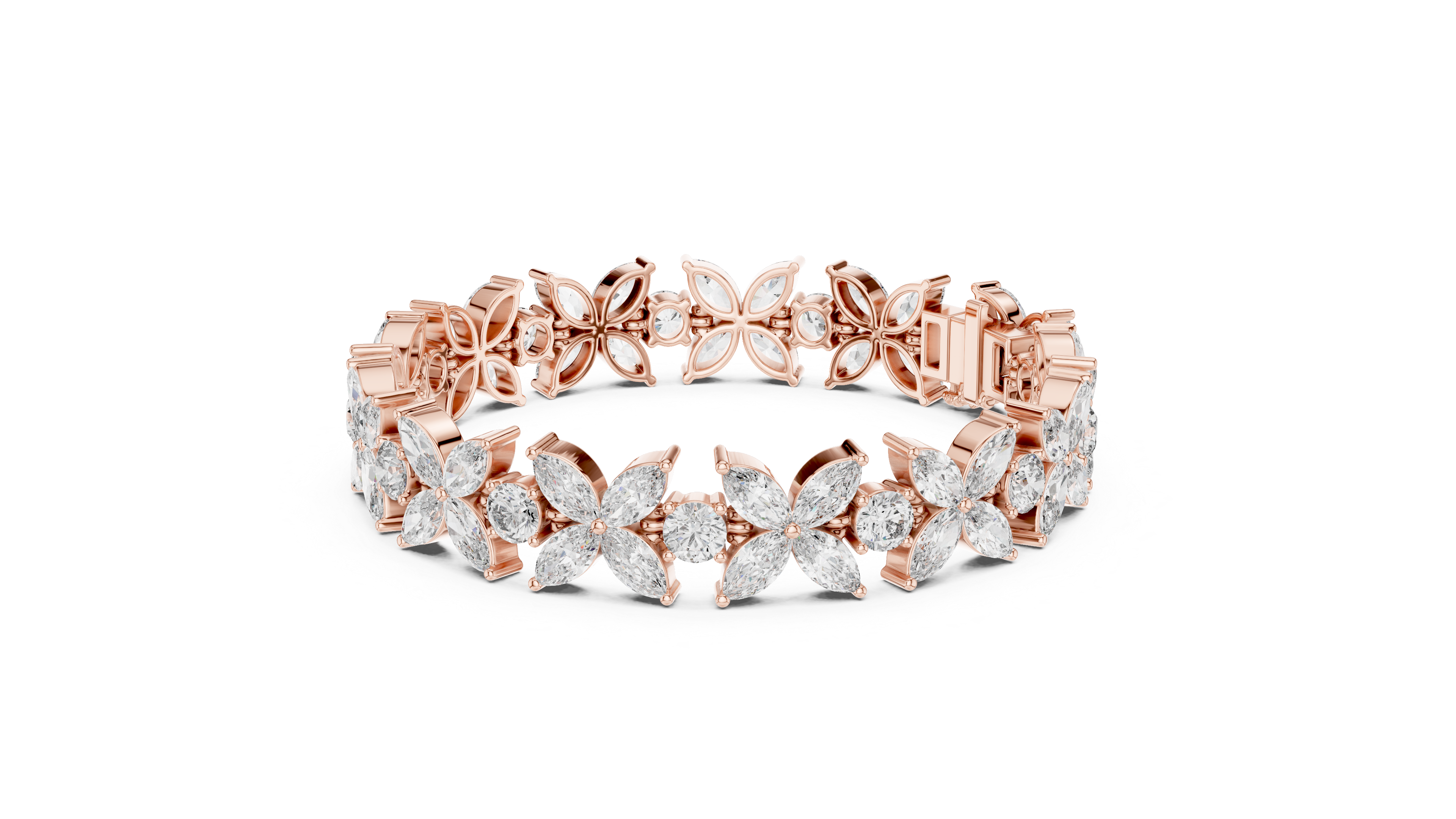 Marquise and Round Diamond Floral Link Bracelet with Bloom Motif