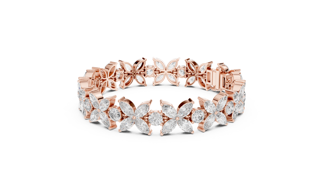 Marquise and Round Diamond Floral Link Bracelet with Bloom Motif