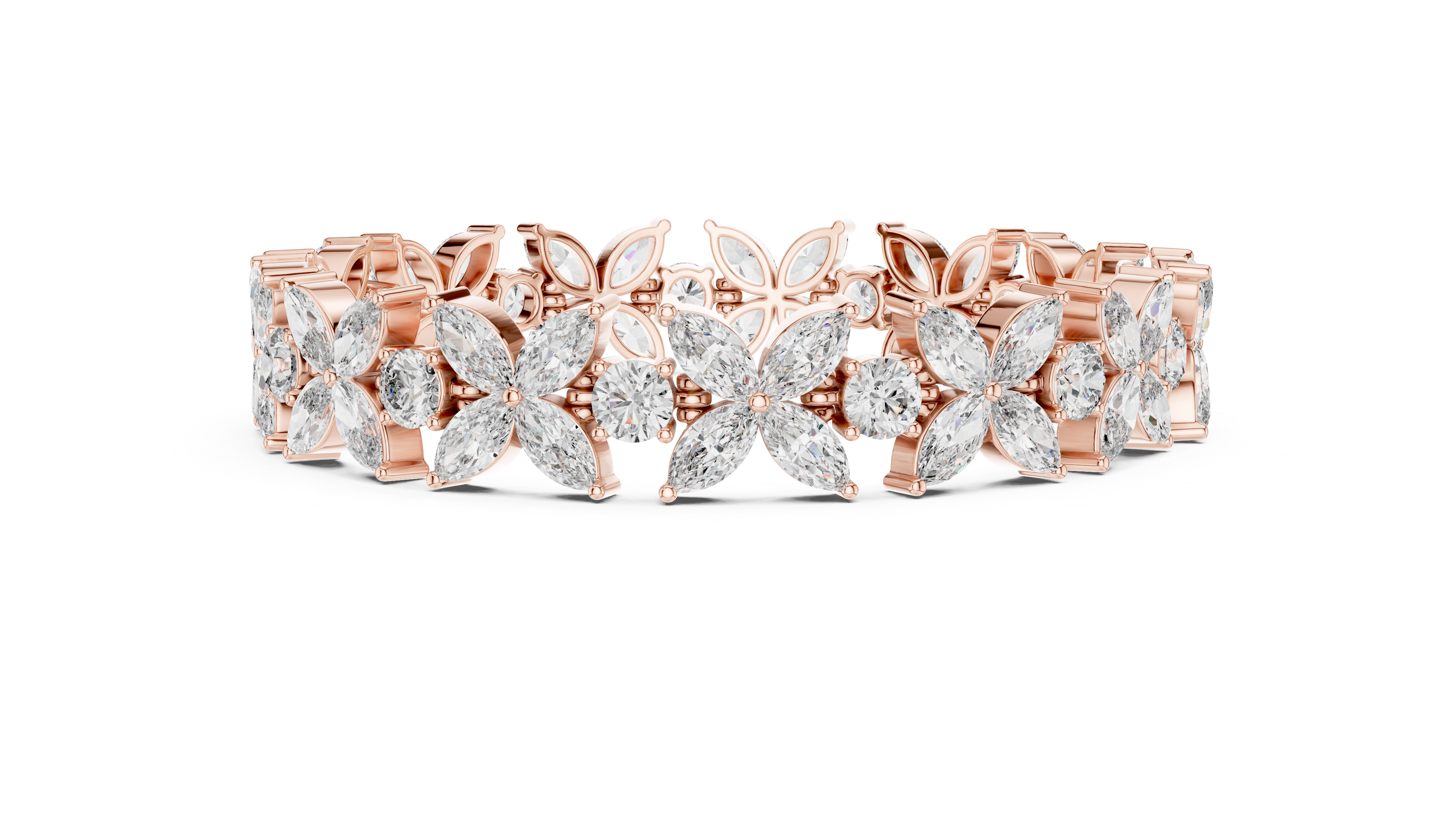Marquise and Round Diamond Floral Link Bracelet with Bloom Motif