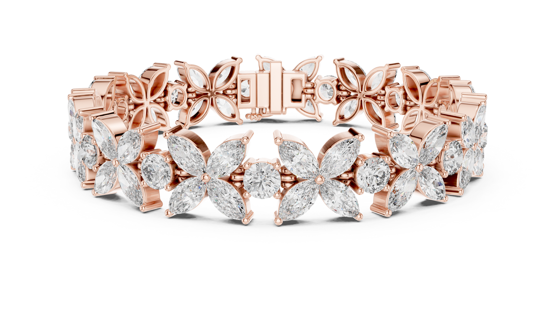 Marquise and Round Diamond Floral Link Bracelet with Bloom Motif
