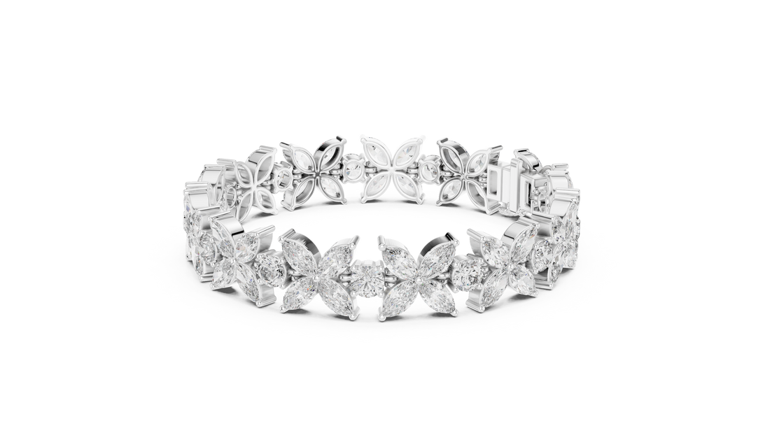 Marquise and Round Diamond Floral Link Bracelet with Bloom Motif