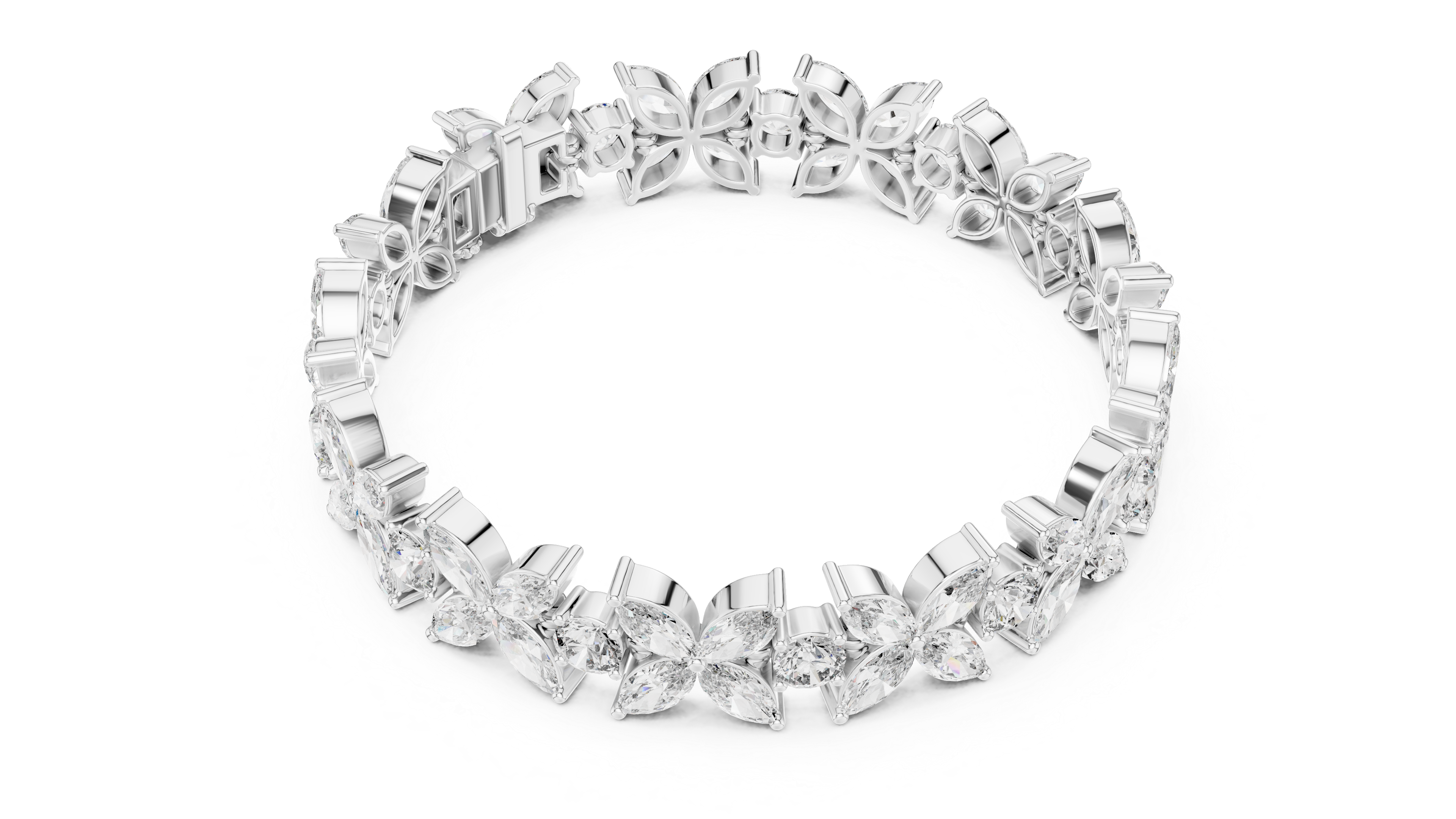 Marquise and Round Diamond Floral Link Bracelet with Bloom Motif