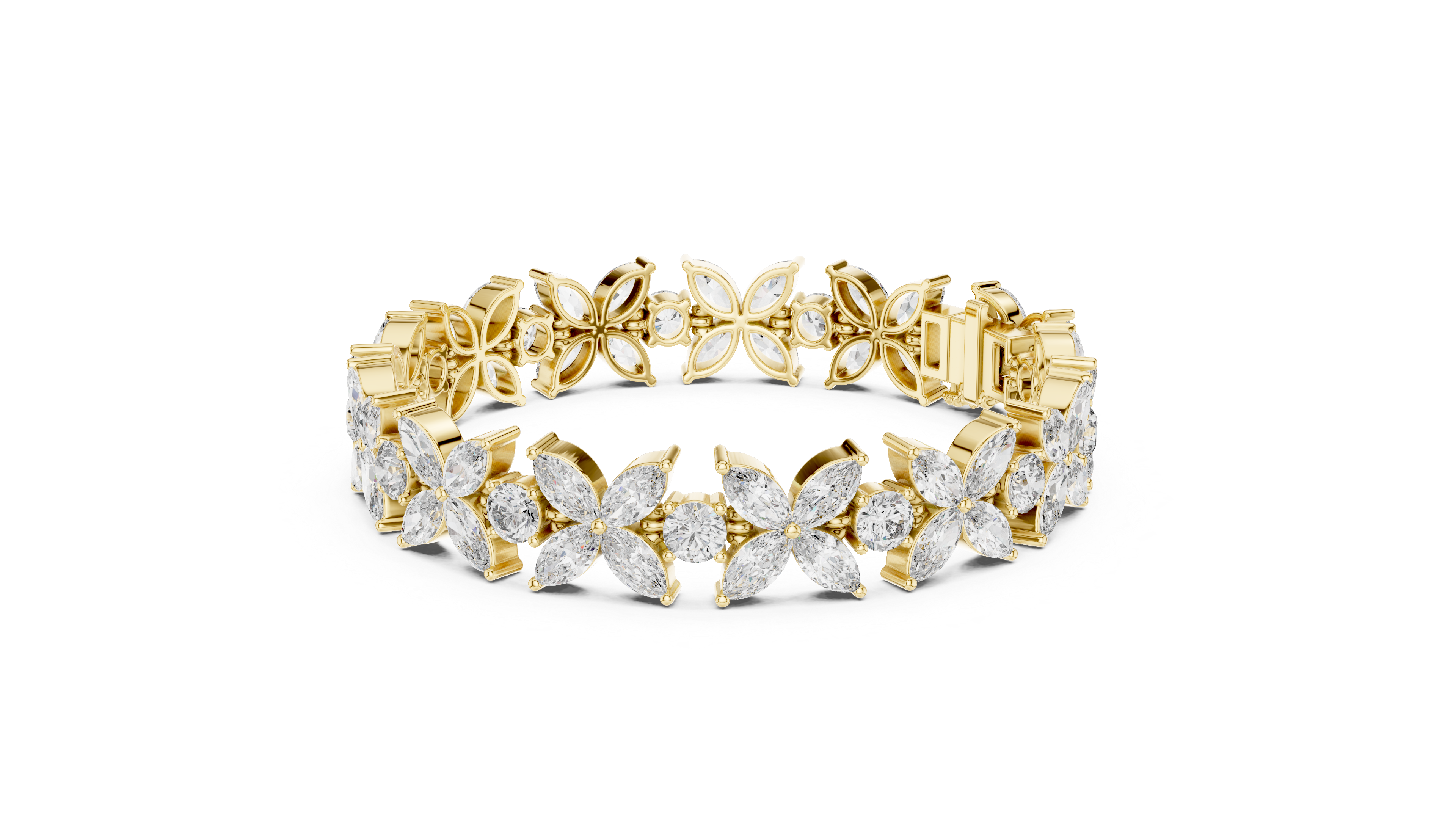 Marquise and Round Diamond Floral Link Bracelet with Bloom Motif