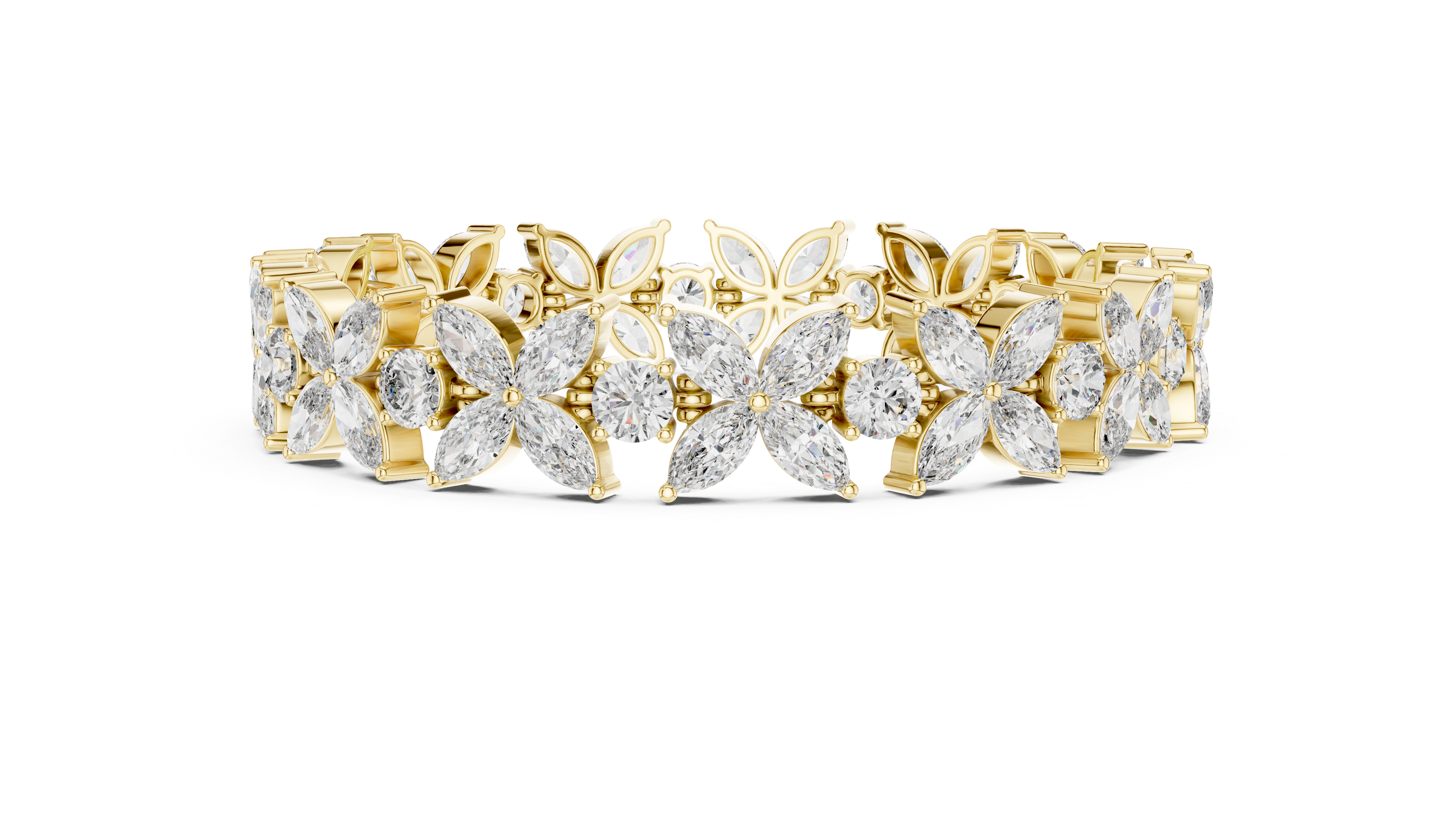 Marquise and Round Diamond Floral Link Bracelet with Bloom Motif