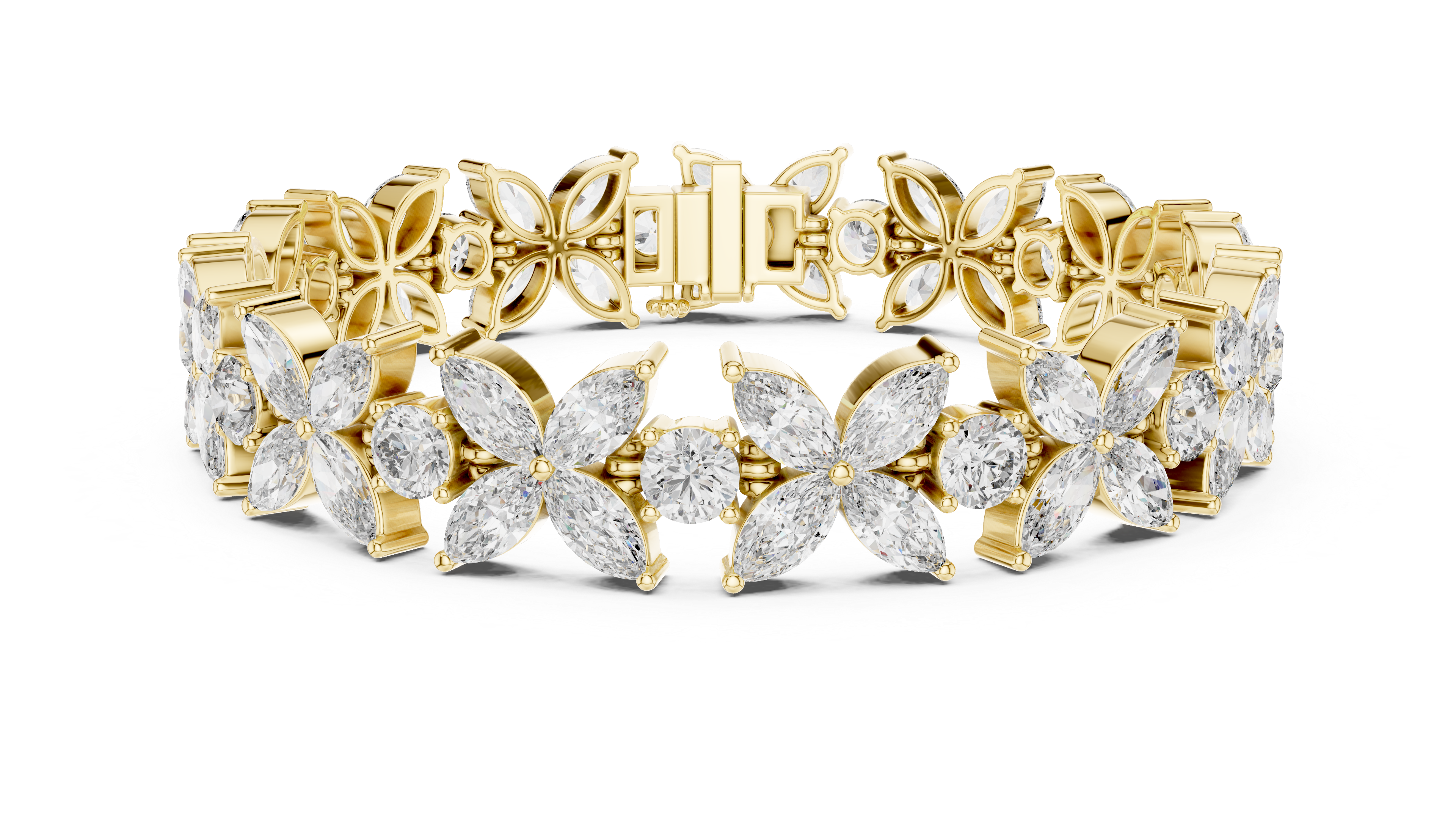 Marquise and Round Diamond Floral Link Bracelet with Bloom Motif