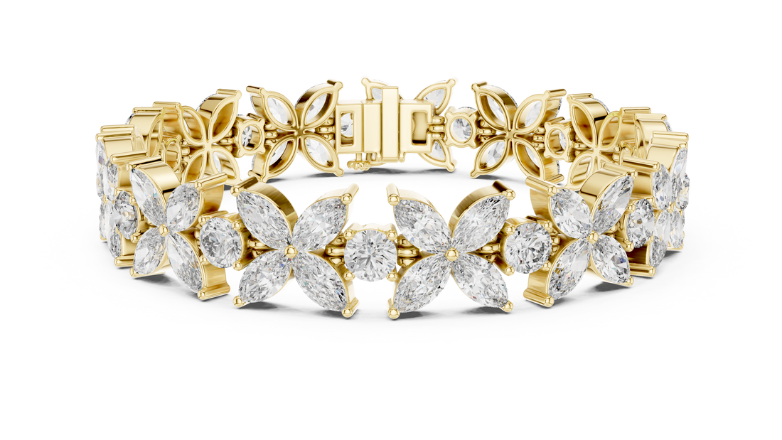 Marquise and Round Diamond Floral Link Bracelet with Bloom Motif