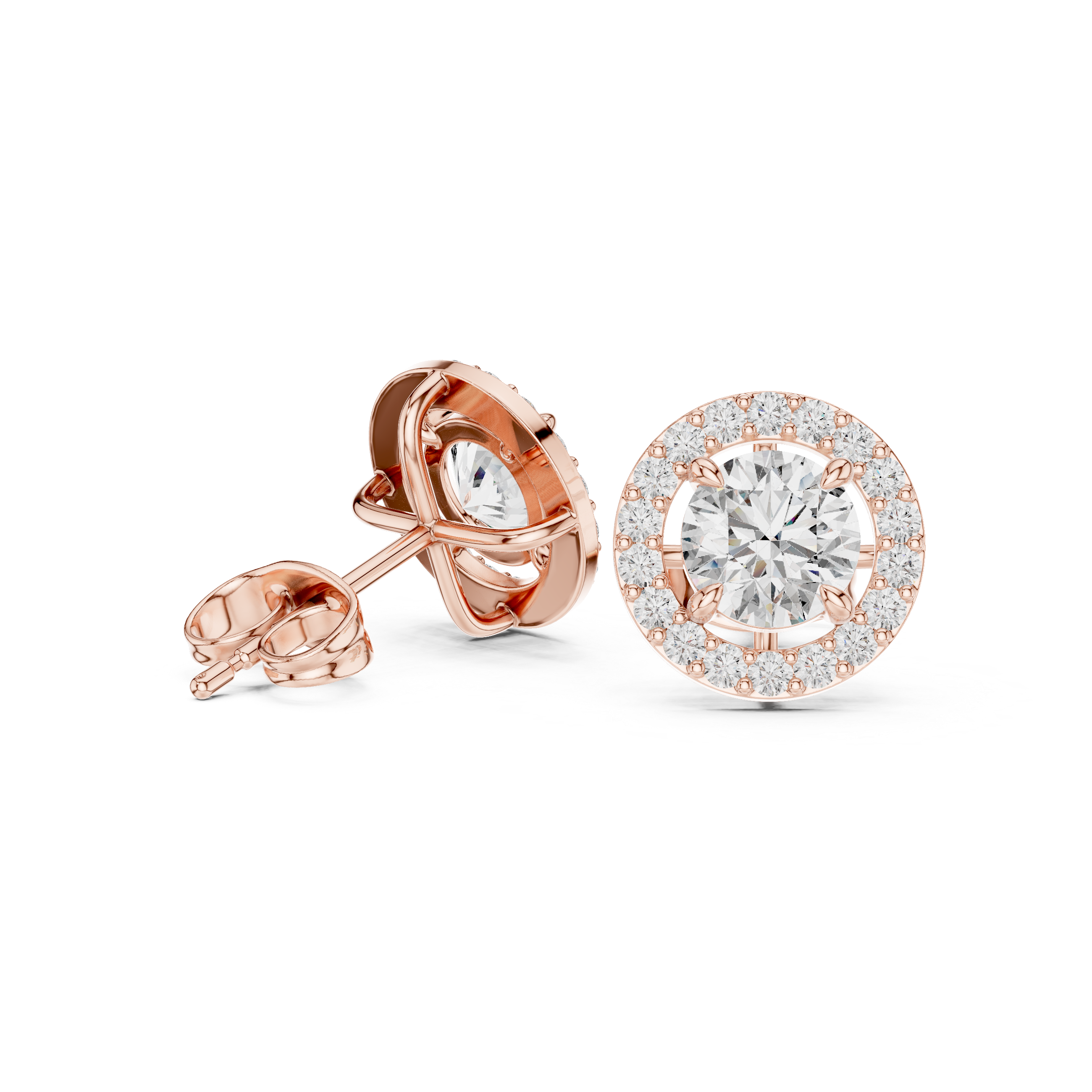Close-up of classic round cut diamond halo stud earrings sparkle detail