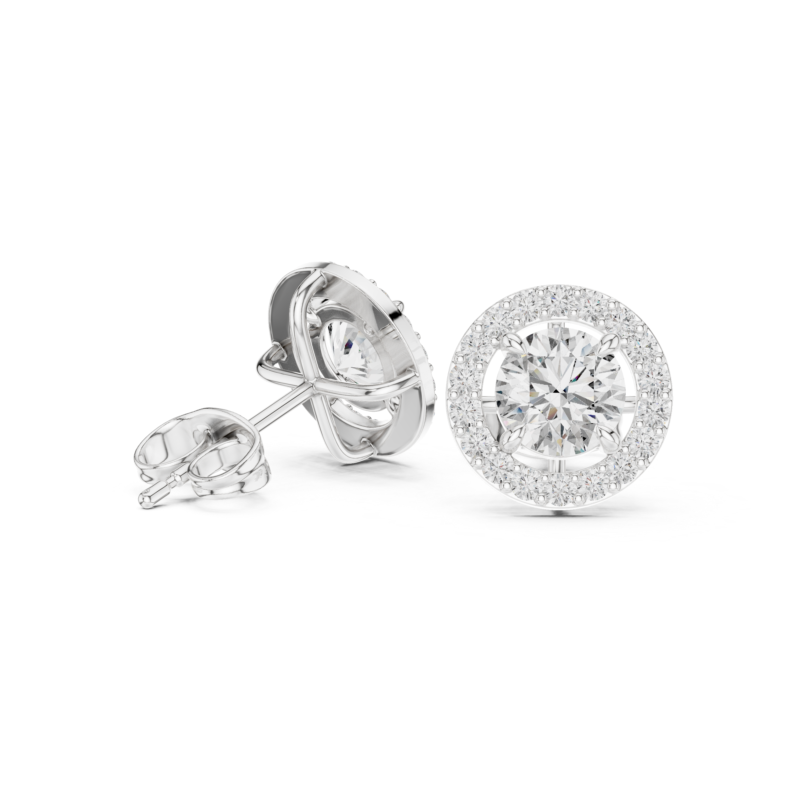 Fine jewelry classic round diamond halo stud earrings product shot