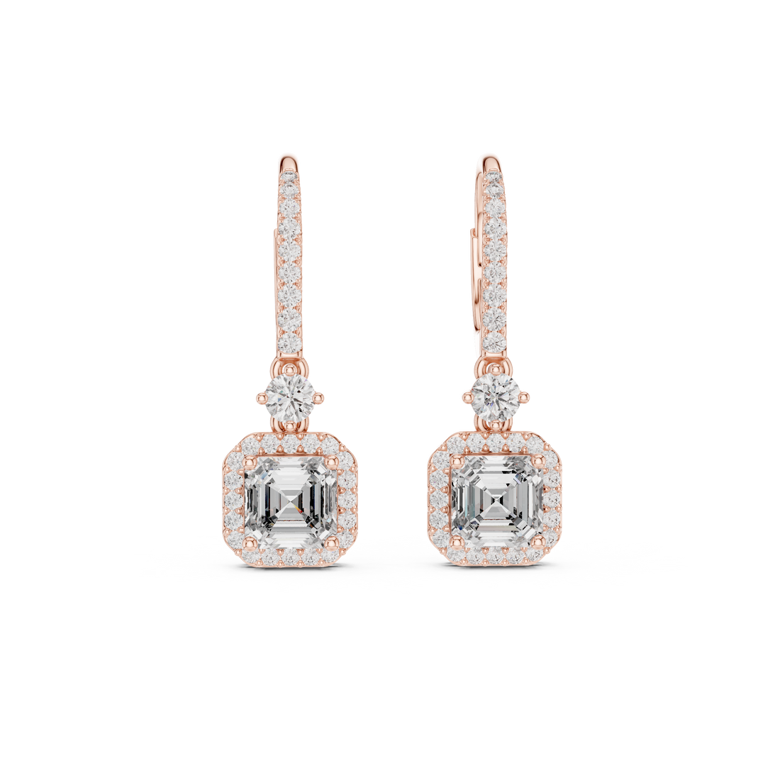 Asscher Cut Diamond Halo Drop Earrings with Pavé Hoop