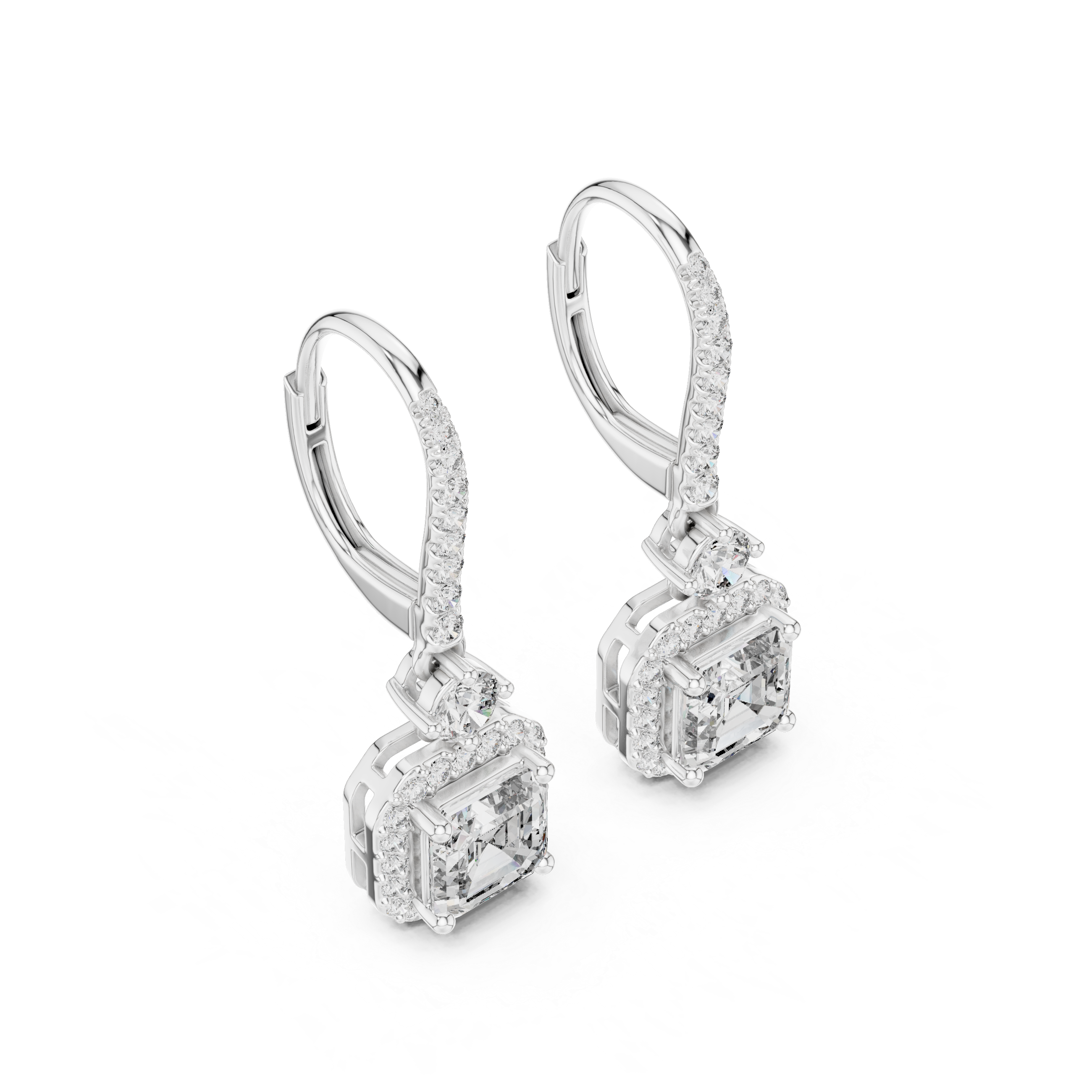 Asscher Cut Diamond Halo Drop Earrings with Pavé Hoop