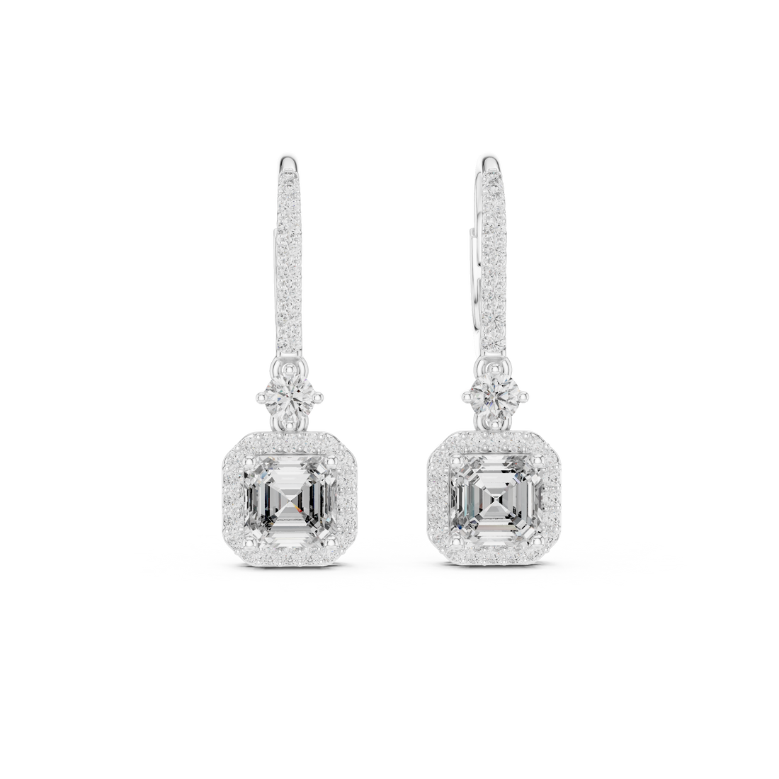 Asscher Cut Diamond Halo Drop Earrings with Pavé Hoop