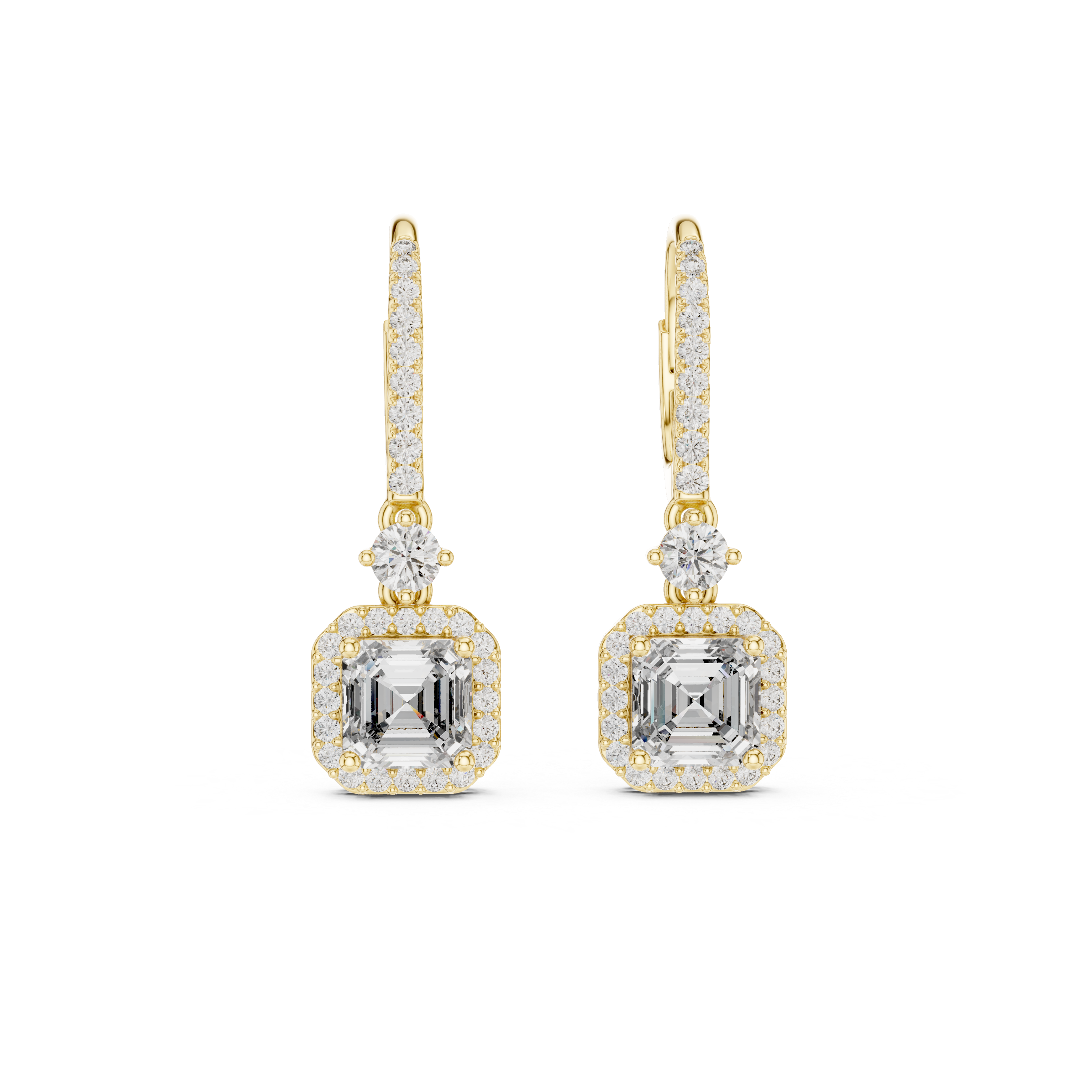 Asscher Cut Diamond Halo Drop Earrings with Pavé Hoop