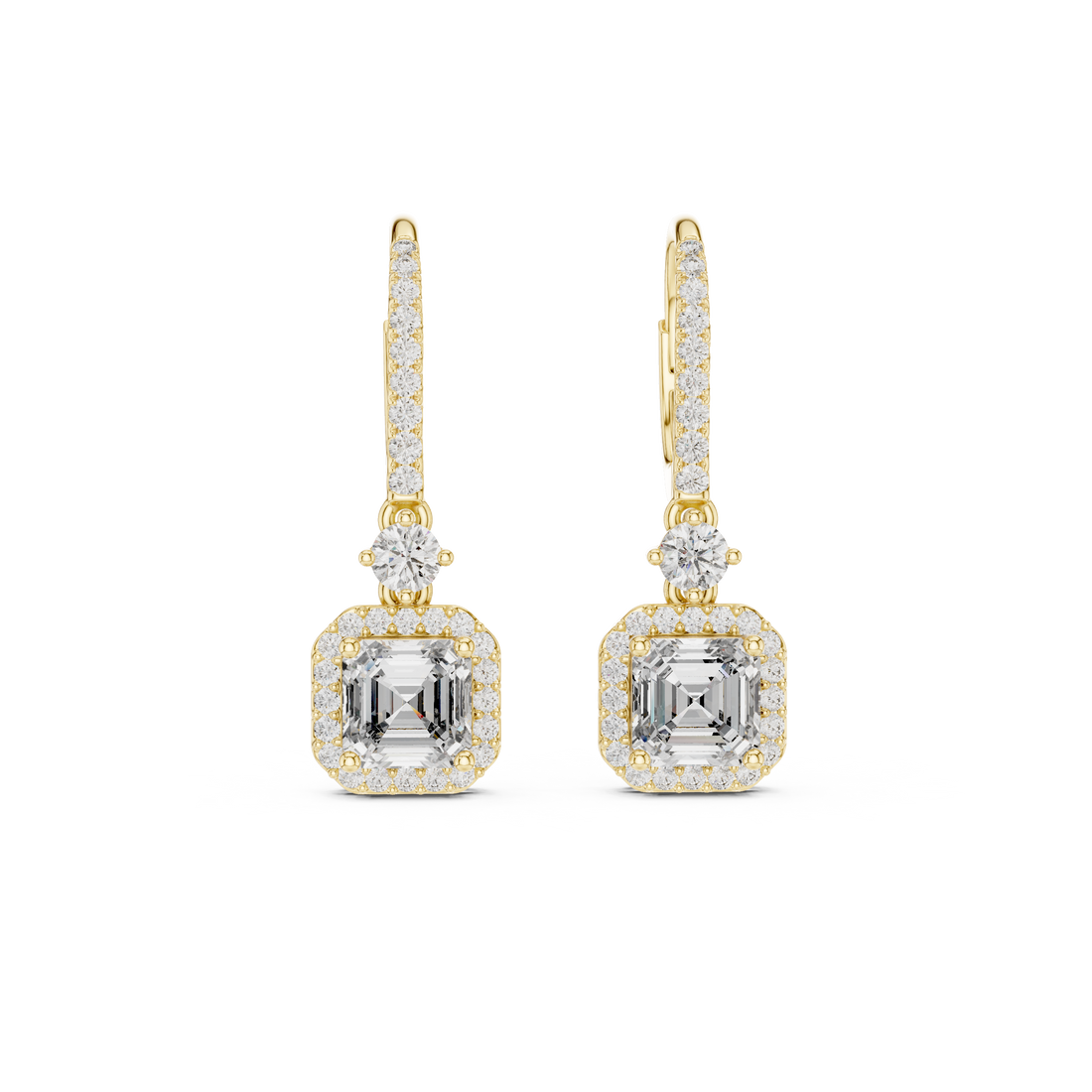 Asscher Cut Diamond Halo Drop Earrings with Pavé Hoop