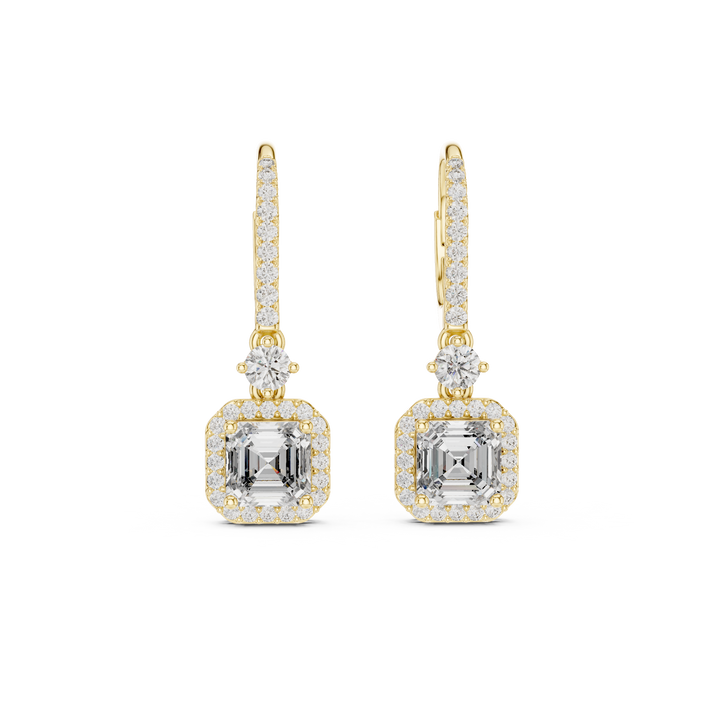 Asscher Cut Diamond Halo Drop Earrings with Pavé Hoop