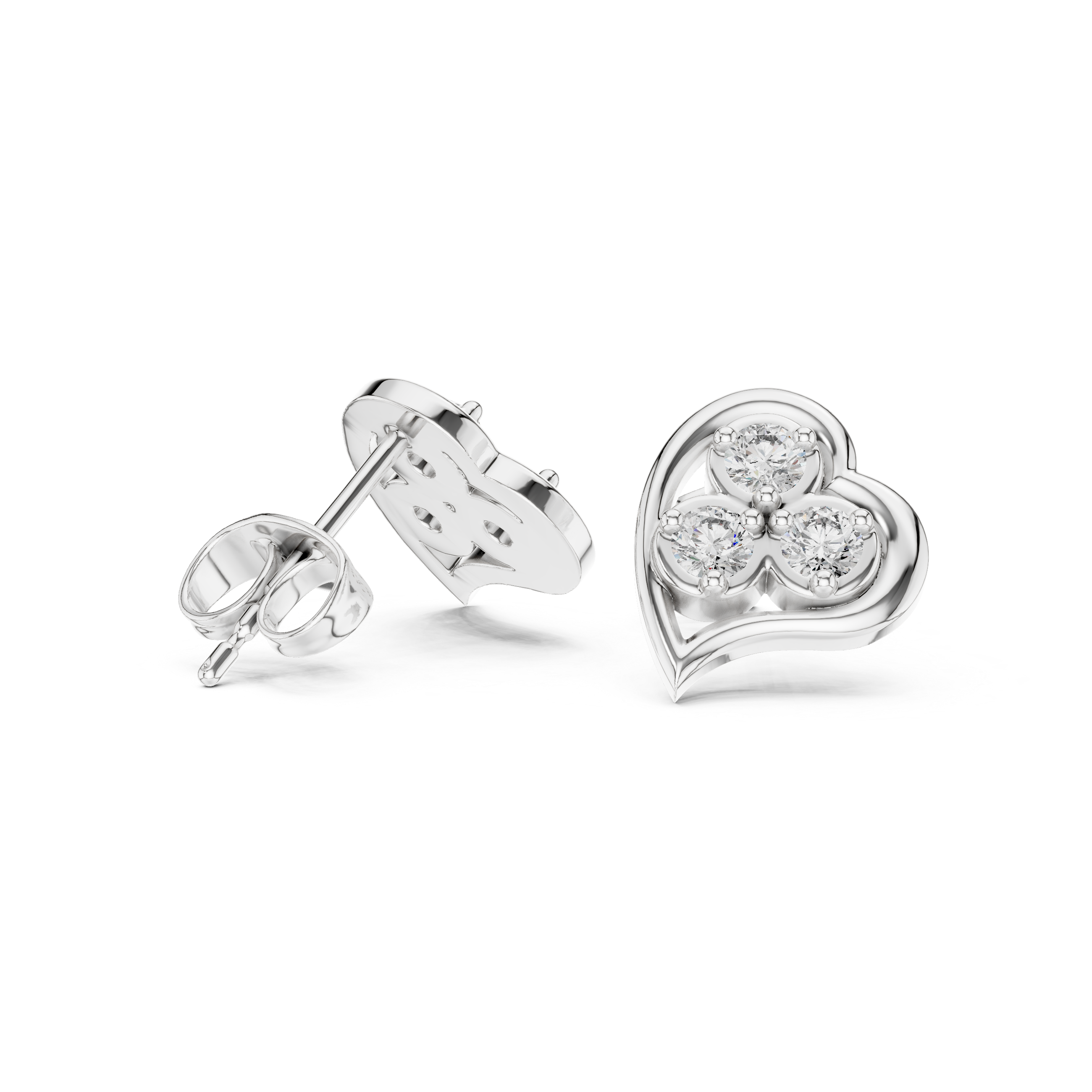 Round Cut Diamond Trio Heart Motif Stud Earrings in Classic Prong Setting