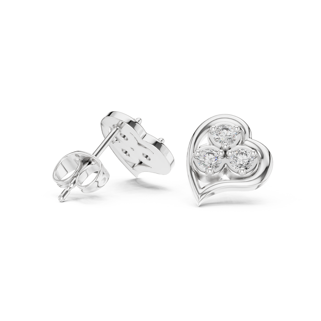 Round Cut Diamond Trio Heart Motif Stud Earrings in Classic Prong Setting