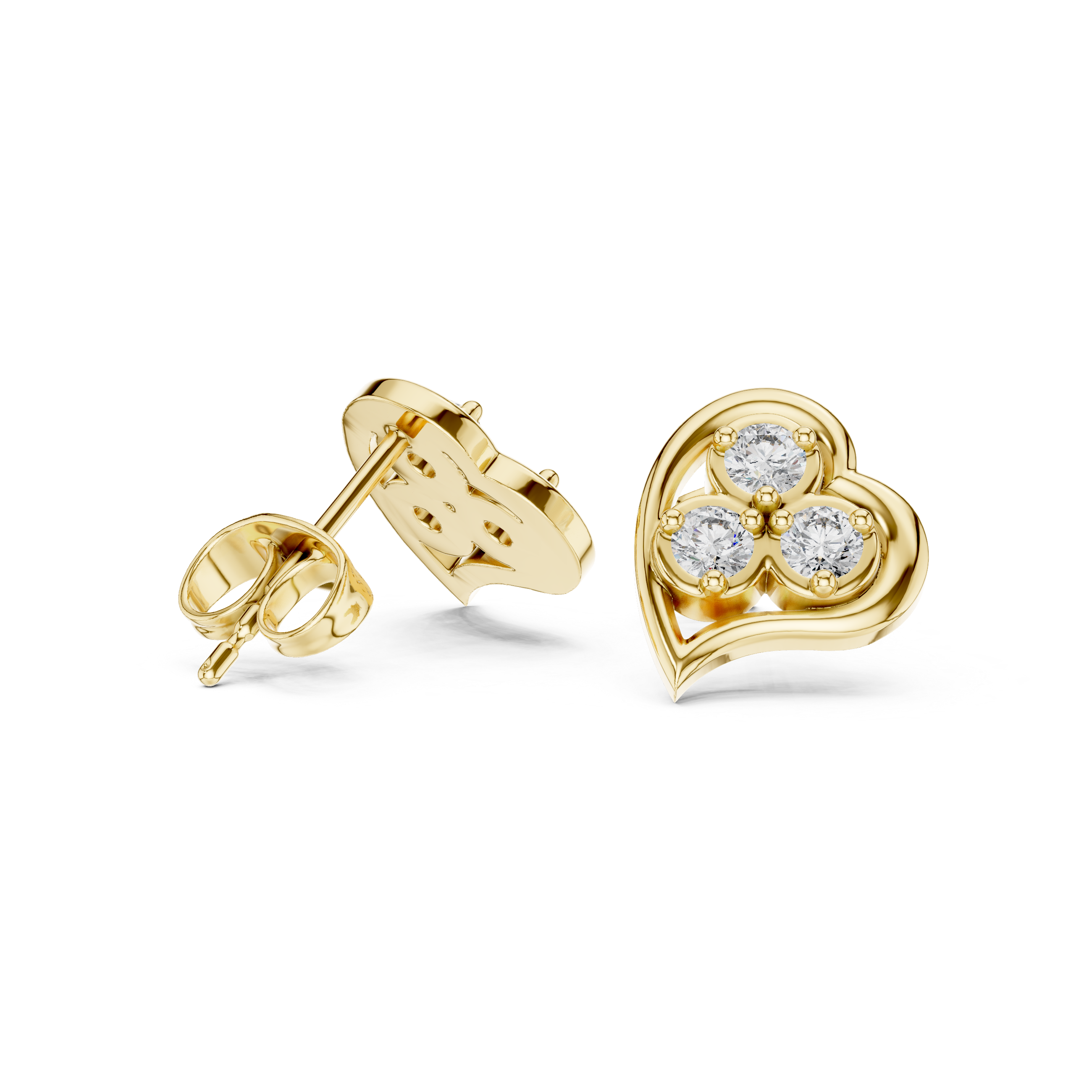 Round Cut Diamond Trio Heart Motif Stud Earrings in Classic Prong Setting