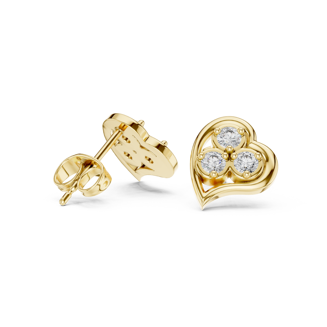 Round Cut Diamond Trio Heart Motif Stud Earrings in Classic Prong Setting
