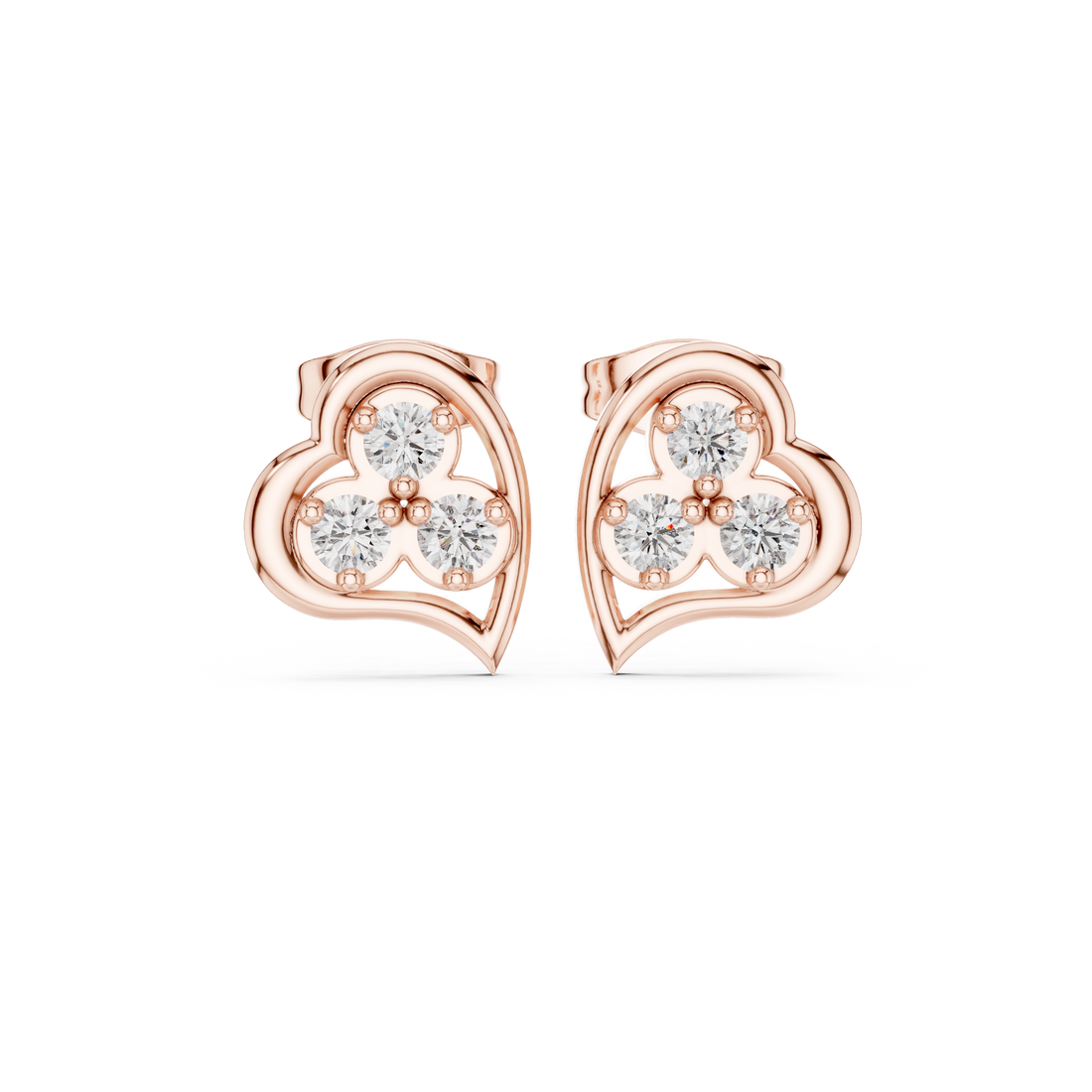 Round Cut Diamond Trio Heart Motif Stud Earrings in Classic Prong Setting