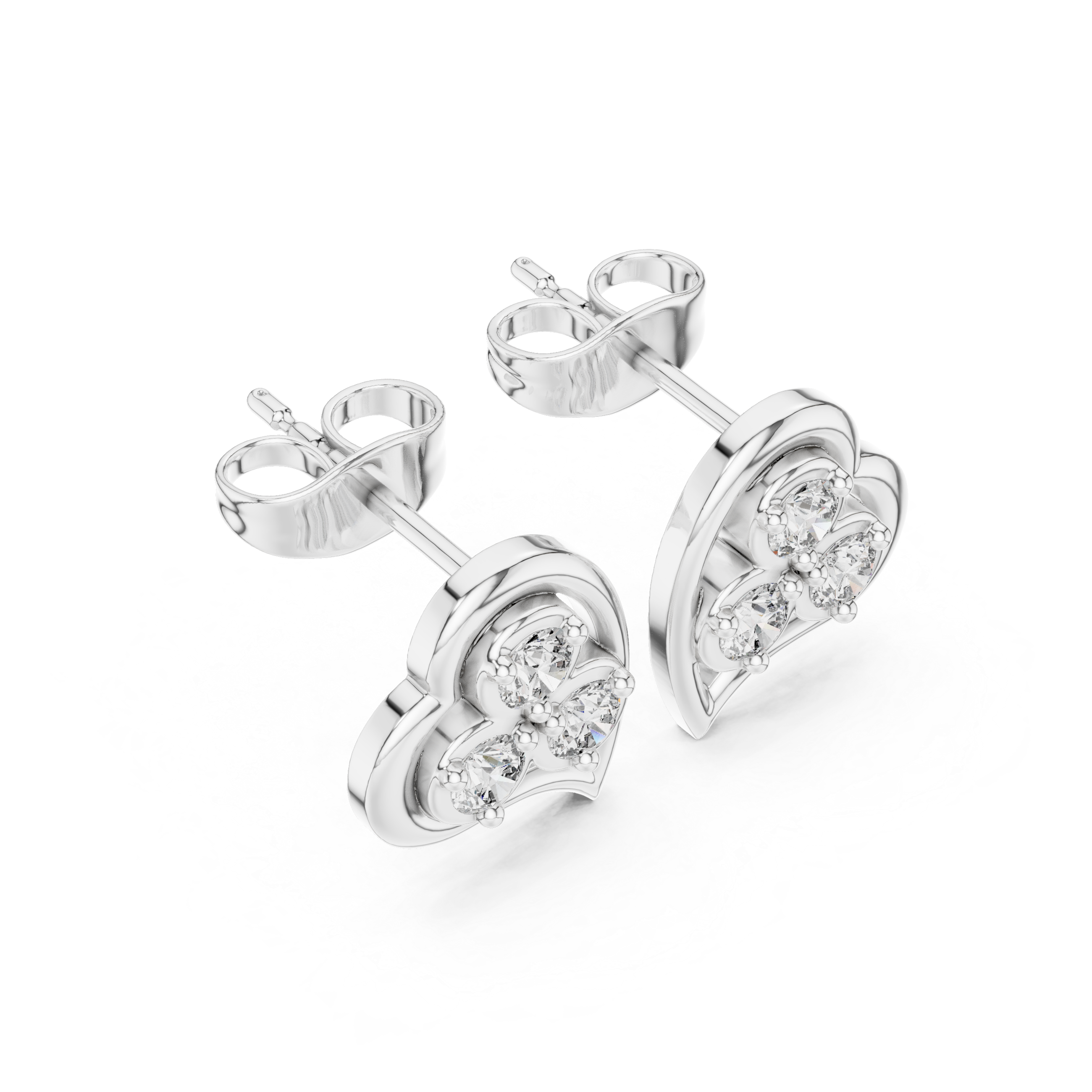 Round Cut Diamond Trio Heart Motif Stud Earrings in Classic Prong Setting