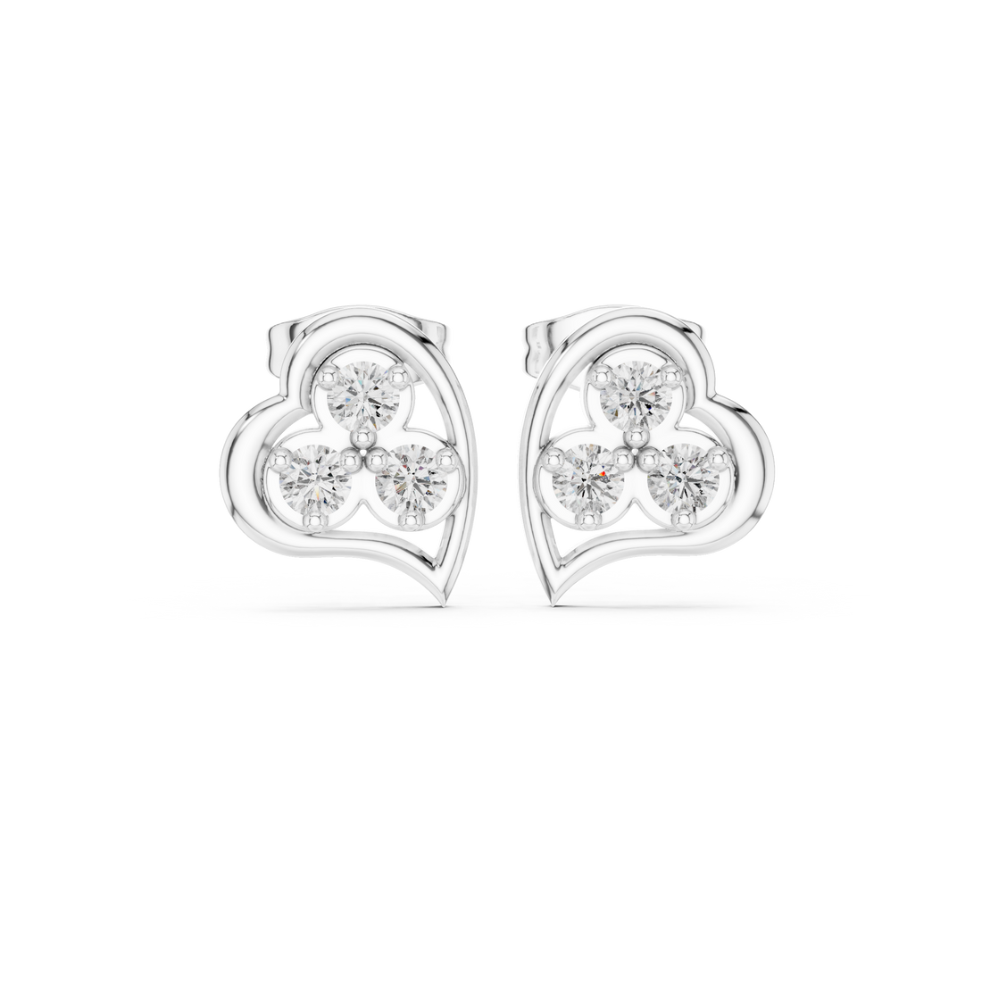 Round Cut Diamond Trio Heart Motif Stud Earrings in Classic Prong Setting