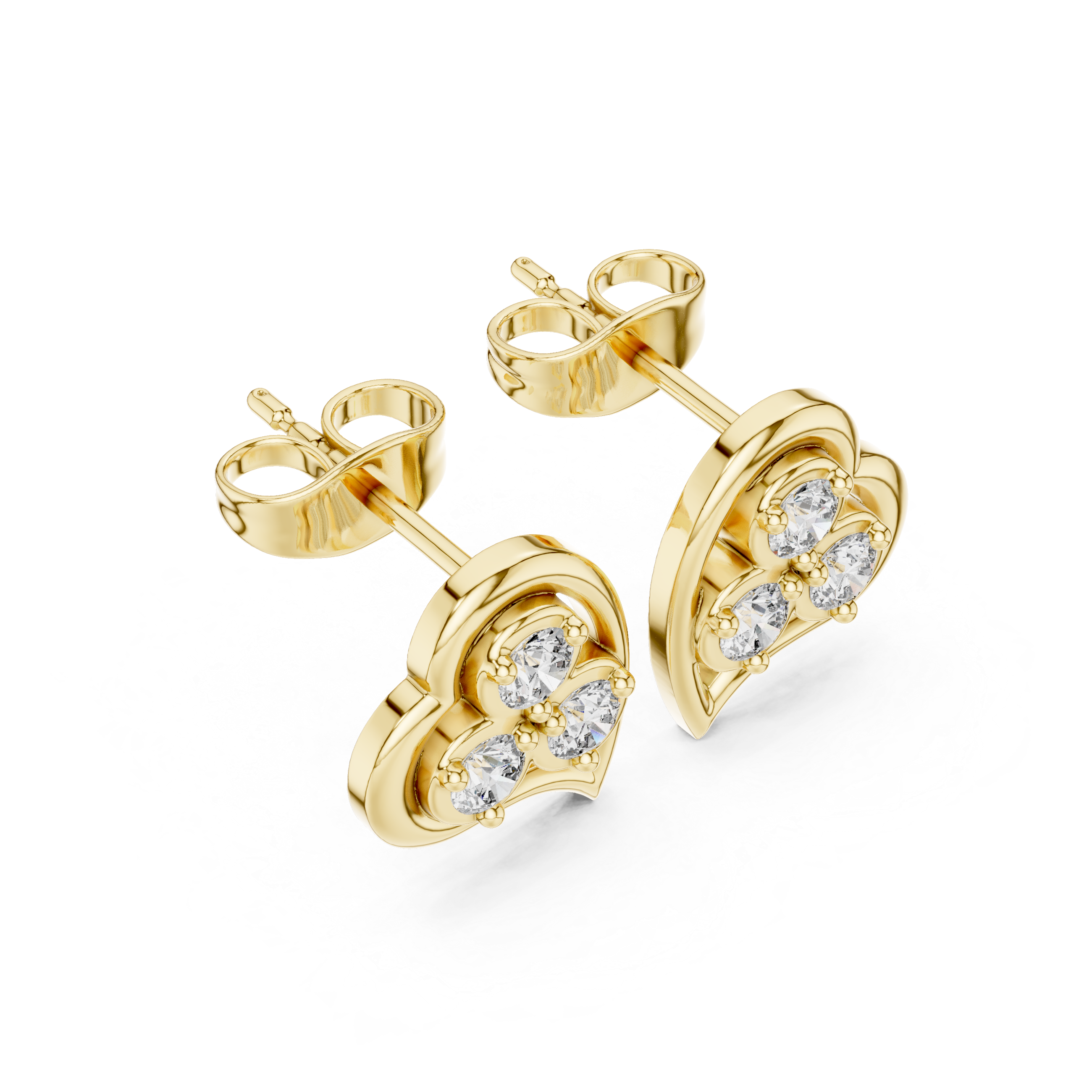 Round Cut Diamond Trio Heart Motif Stud Earrings in Classic Prong Setting