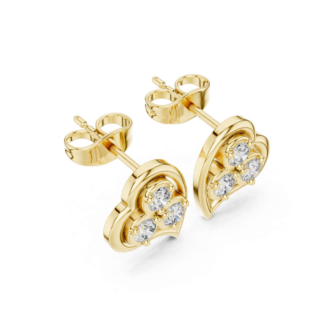 Round Cut Diamond Trio Heart Motif Stud Earrings in Classic Prong Setting