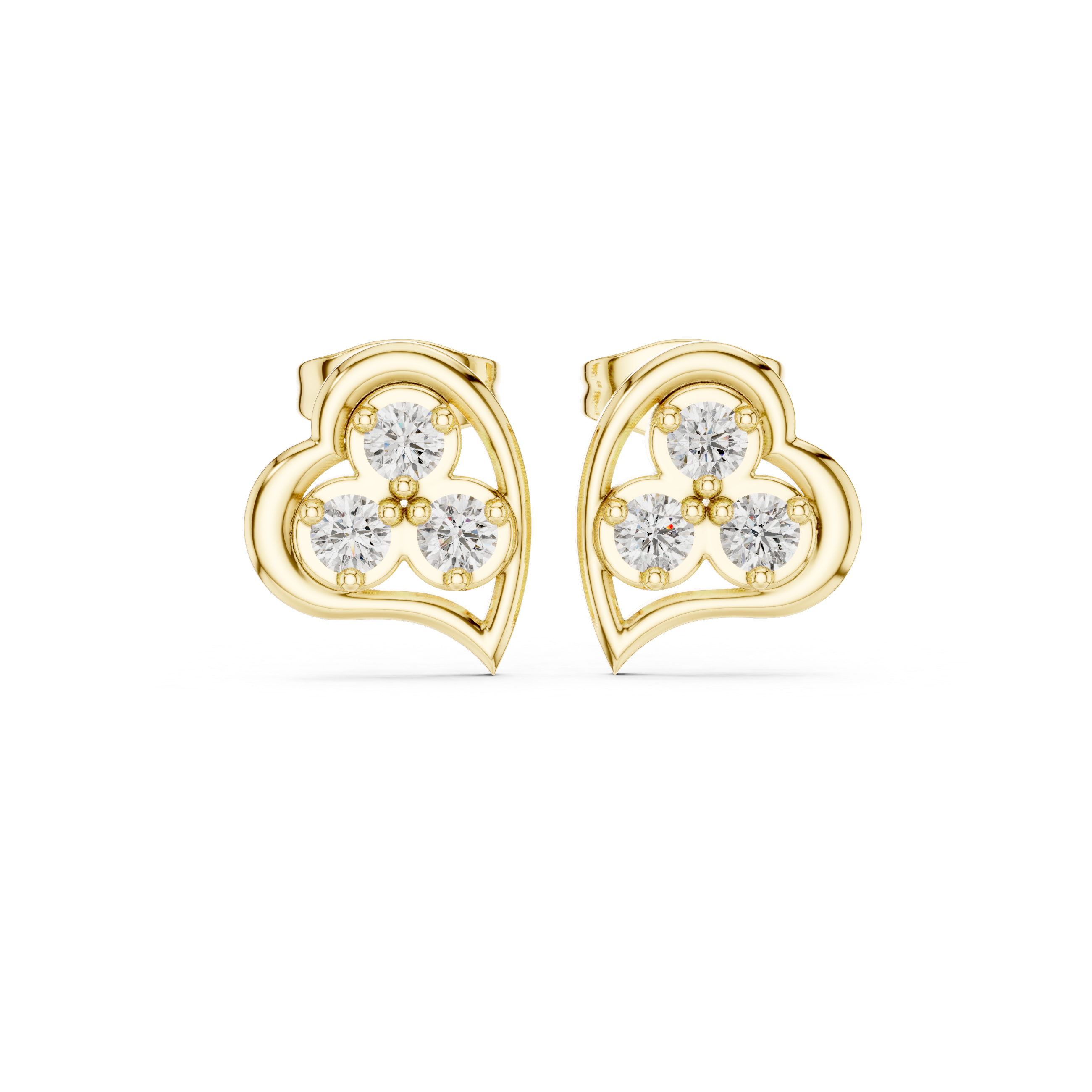 Round Cut Diamond Trio Heart Motif Stud Earrings in Classic Prong Setting