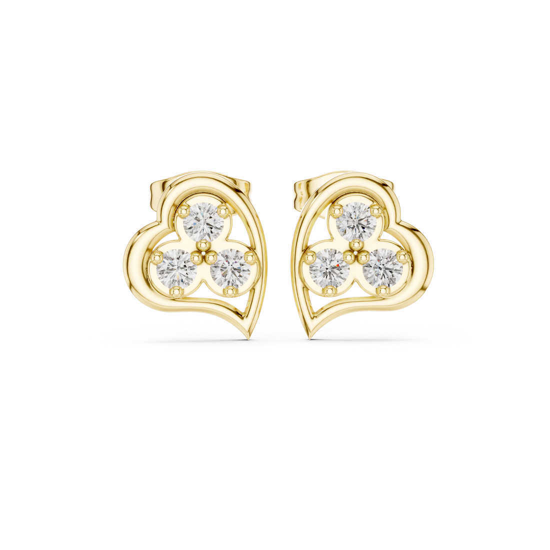 Round Cut Diamond Trio Heart Motif Stud Earrings in Classic Prong Setting