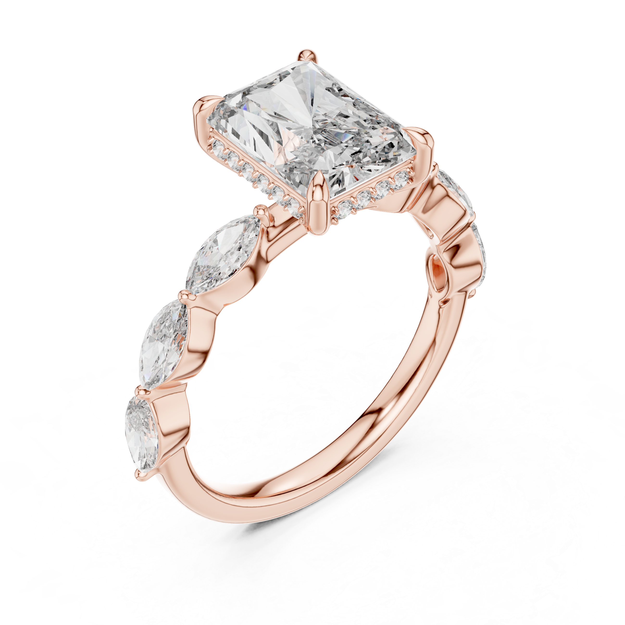 Radiant Cut Diamond Solitaire Ring with Marquise Side Stones