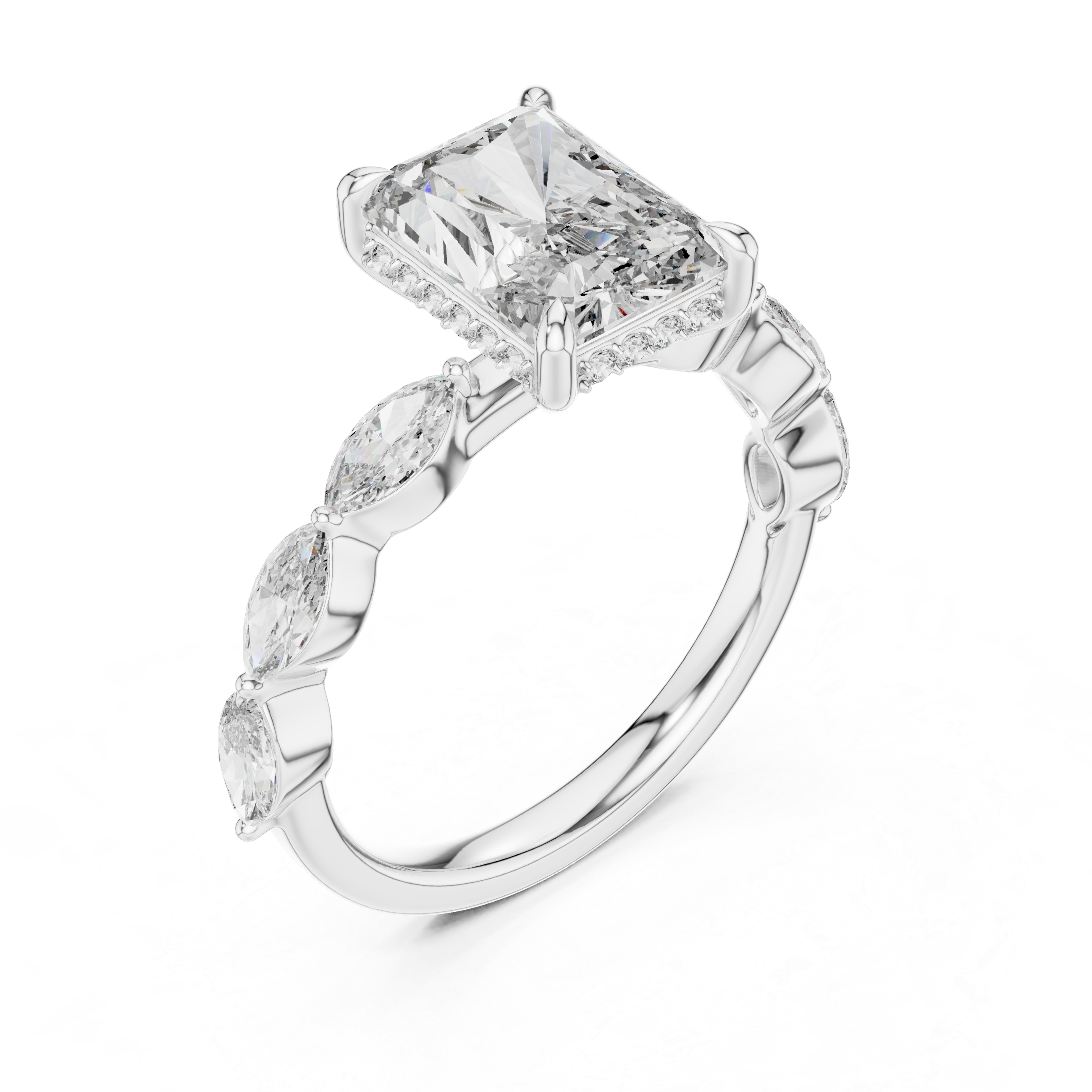 Radiant Cut Diamond Solitaire Ring with Marquise Side Stones