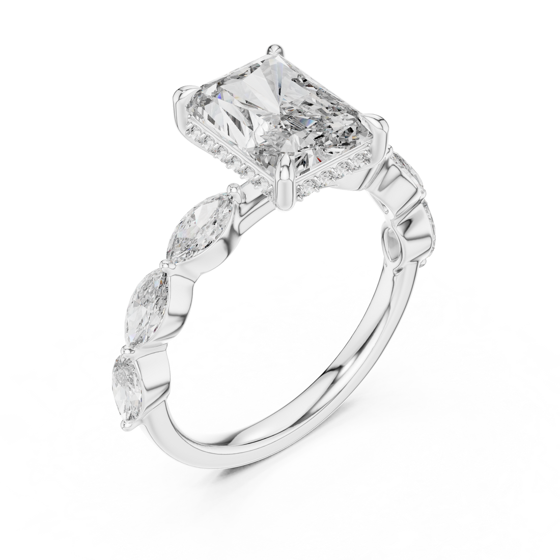 Radiant Cut Diamond Solitaire Ring with Marquise Side Stones