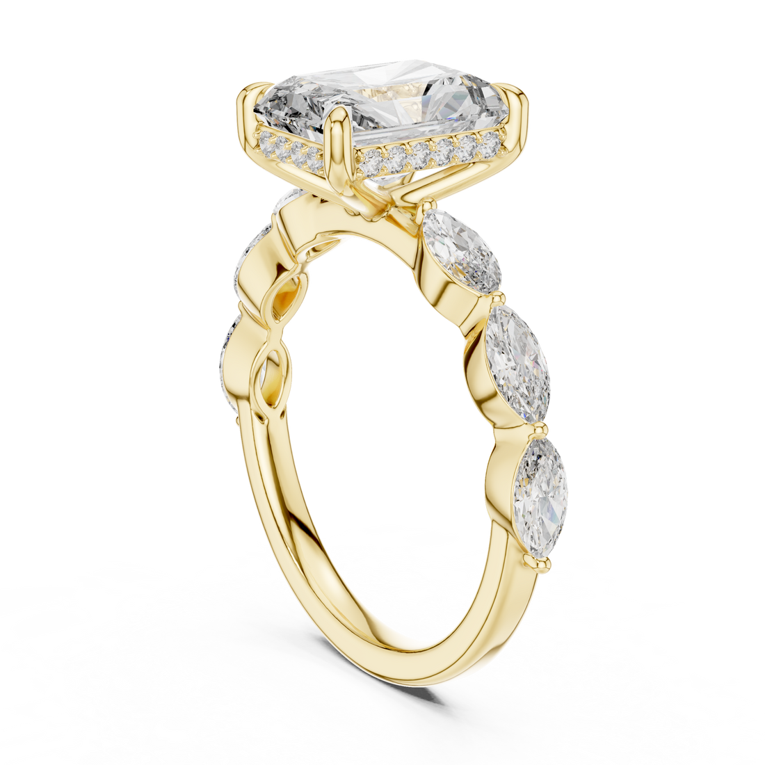 Radiant Cut Diamond Solitaire Ring with Marquise Side Stones