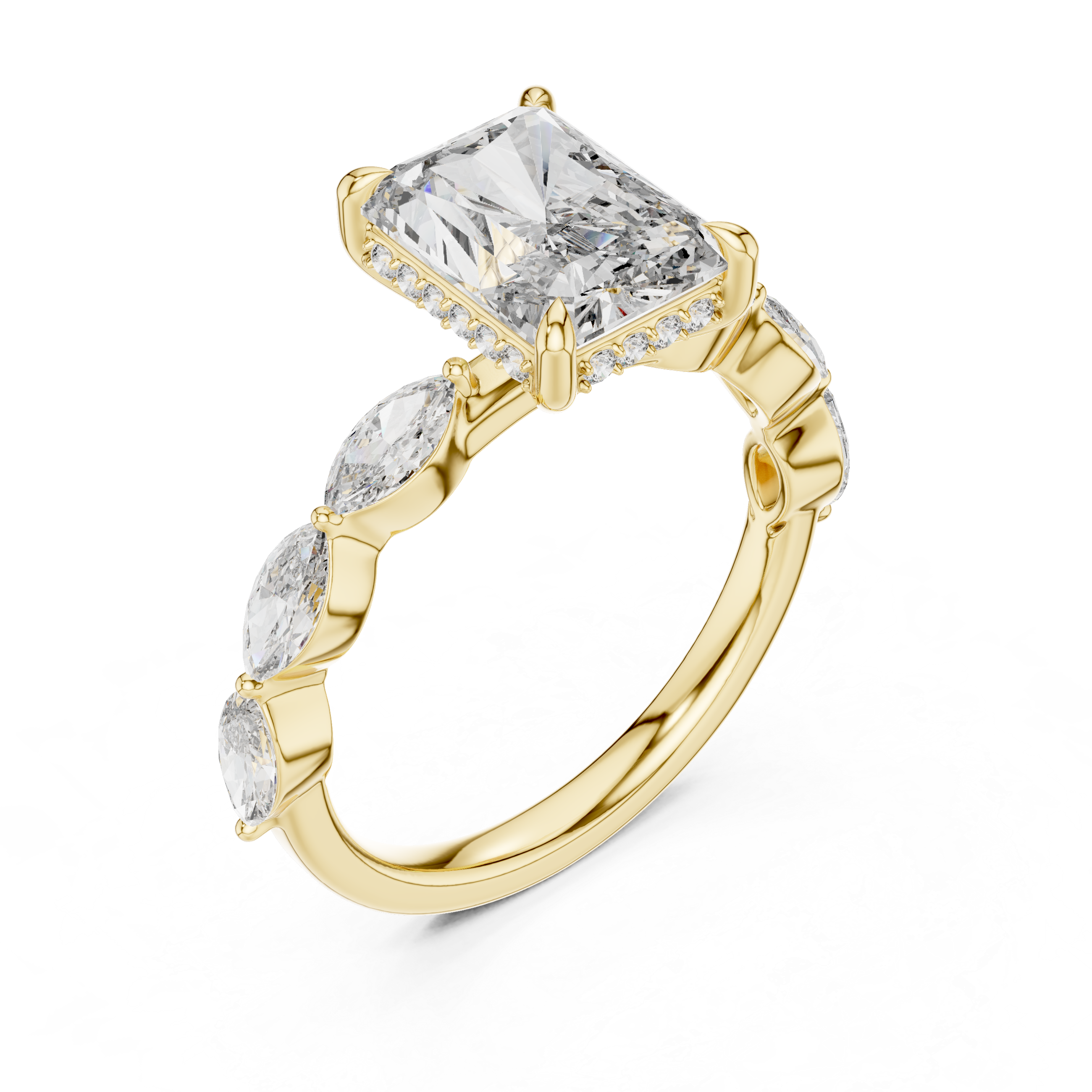 Radiant Cut Diamond Solitaire Ring with Marquise Side Stones
