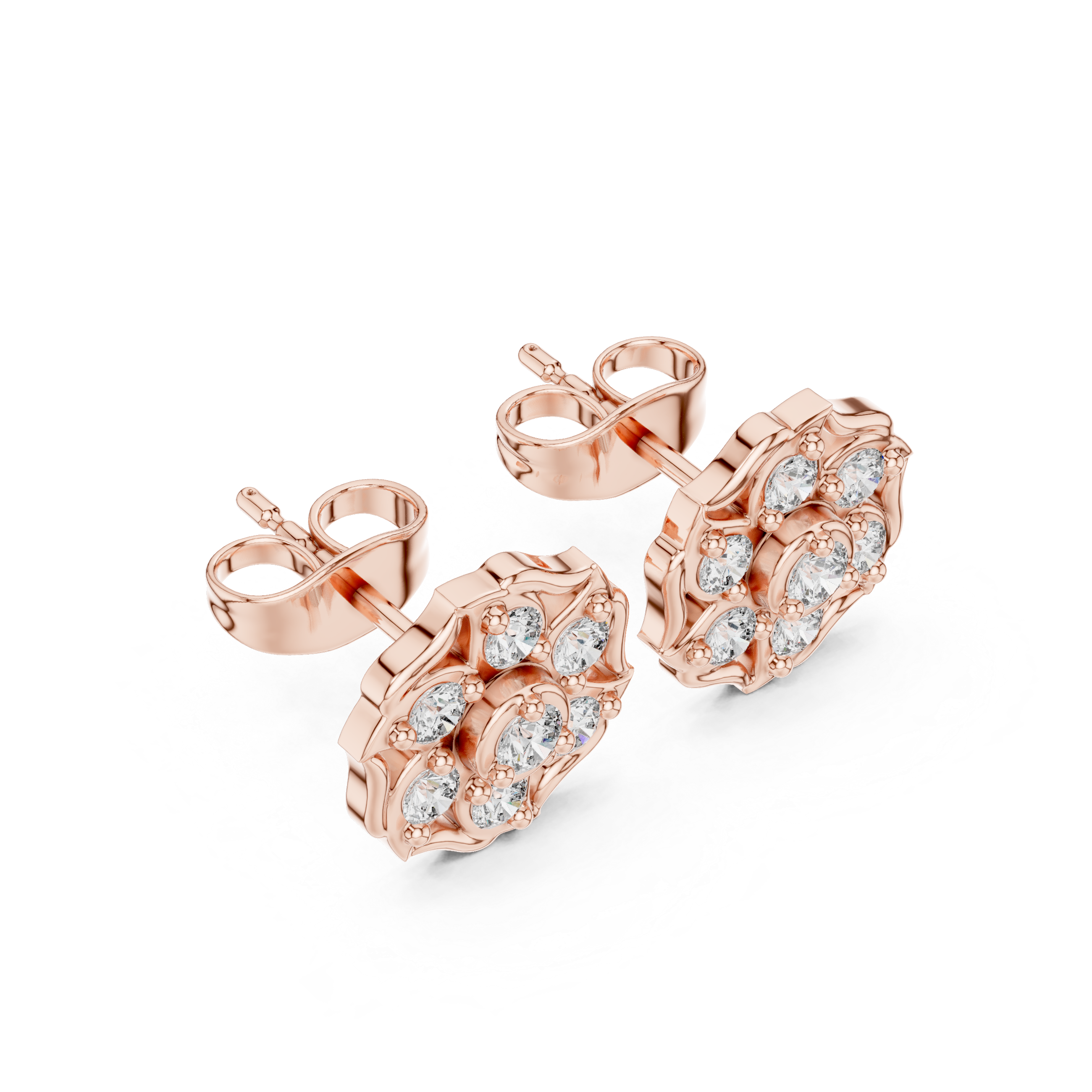 Round Cut Diamond Floral Cluster Stud Earrings with Halo Motif Prong Setting