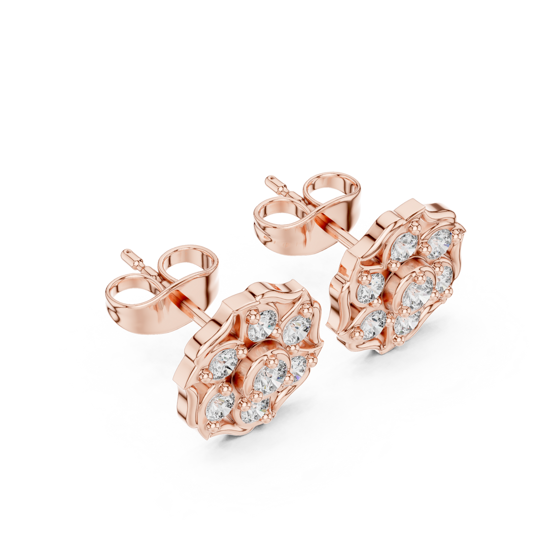 Round Cut Diamond Floral Cluster Stud Earrings with Halo Motif Prong Setting