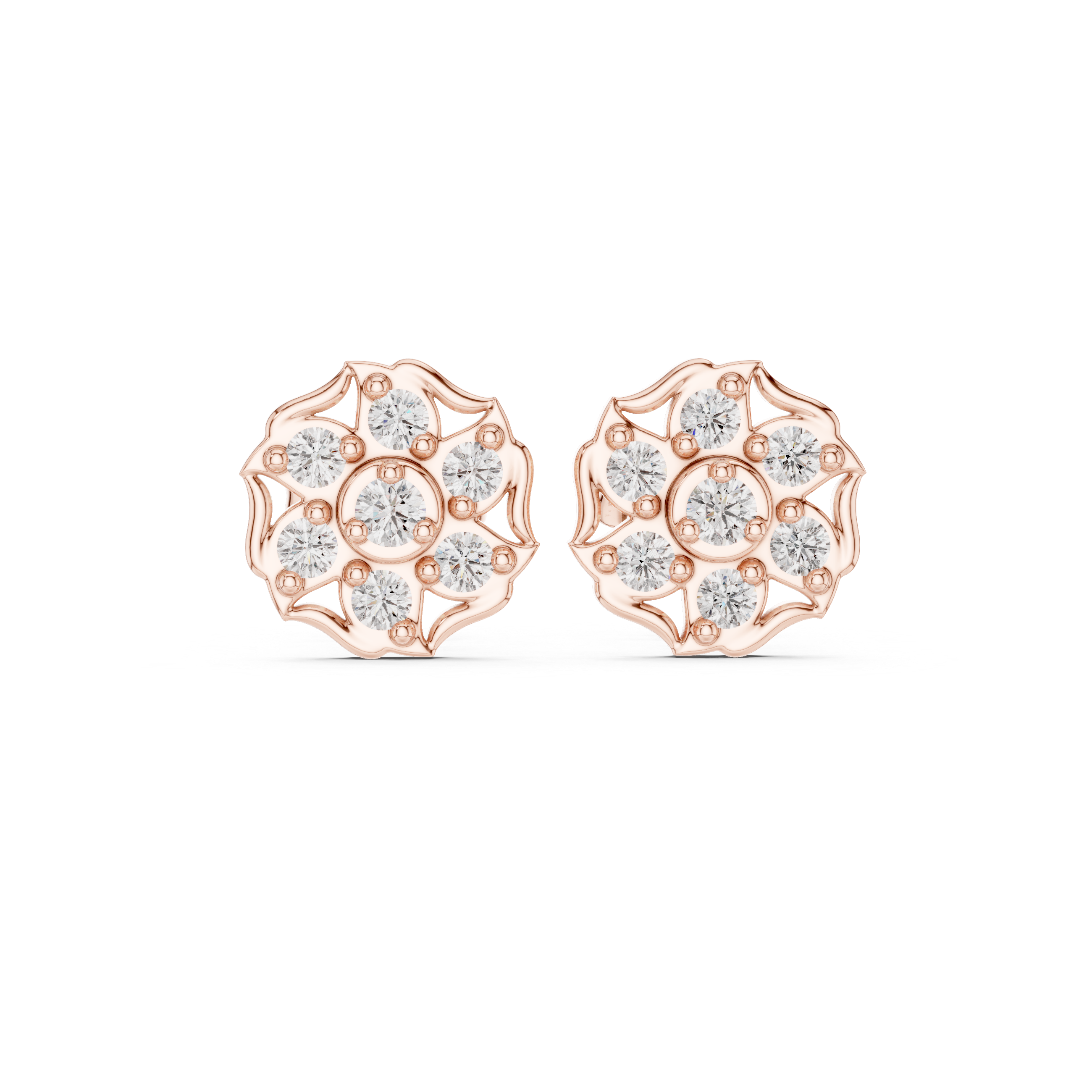 Round Cut Diamond Floral Cluster Stud Earrings with Halo Motif Prong Setting