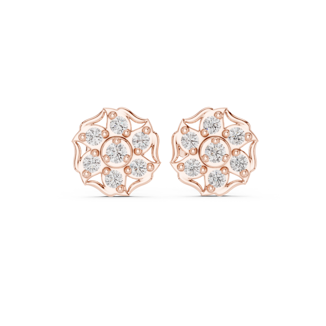 Round Cut Diamond Floral Cluster Stud Earrings with Halo Motif Prong Setting