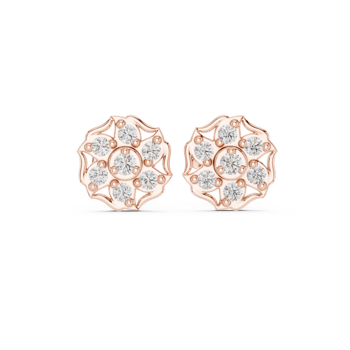 Round Cut Diamond Floral Cluster Stud Earrings with Halo Motif Prong Setting