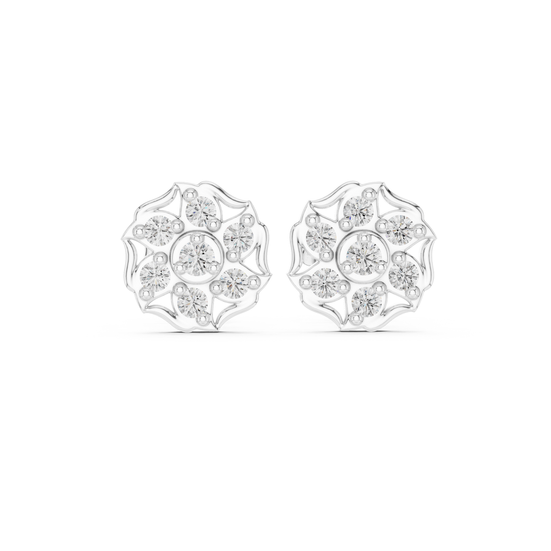 Round Cut Diamond Floral Cluster Stud Earrings with Halo Motif Prong Setting