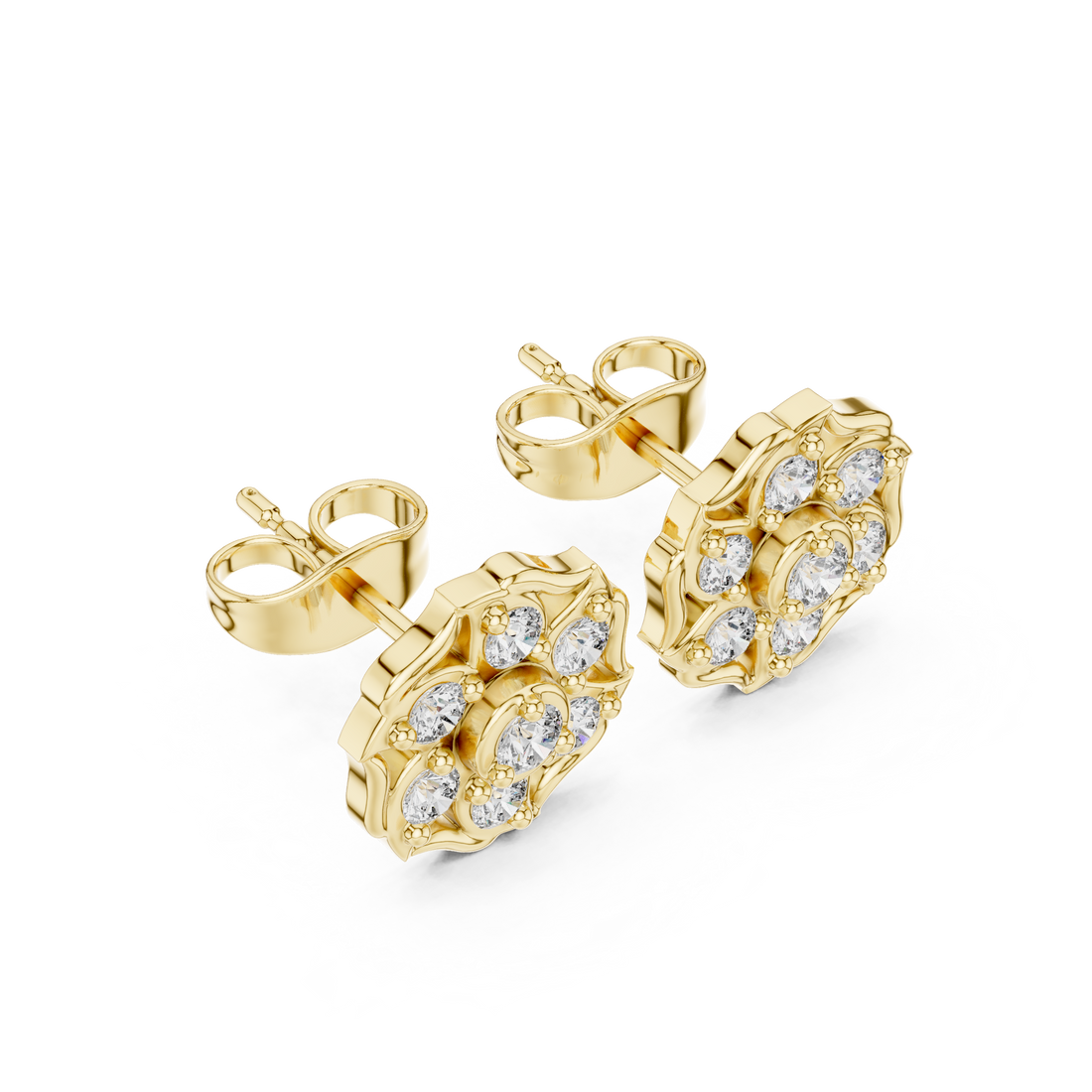 Round Cut Diamond Floral Cluster Stud Earrings with Halo Motif Prong Setting