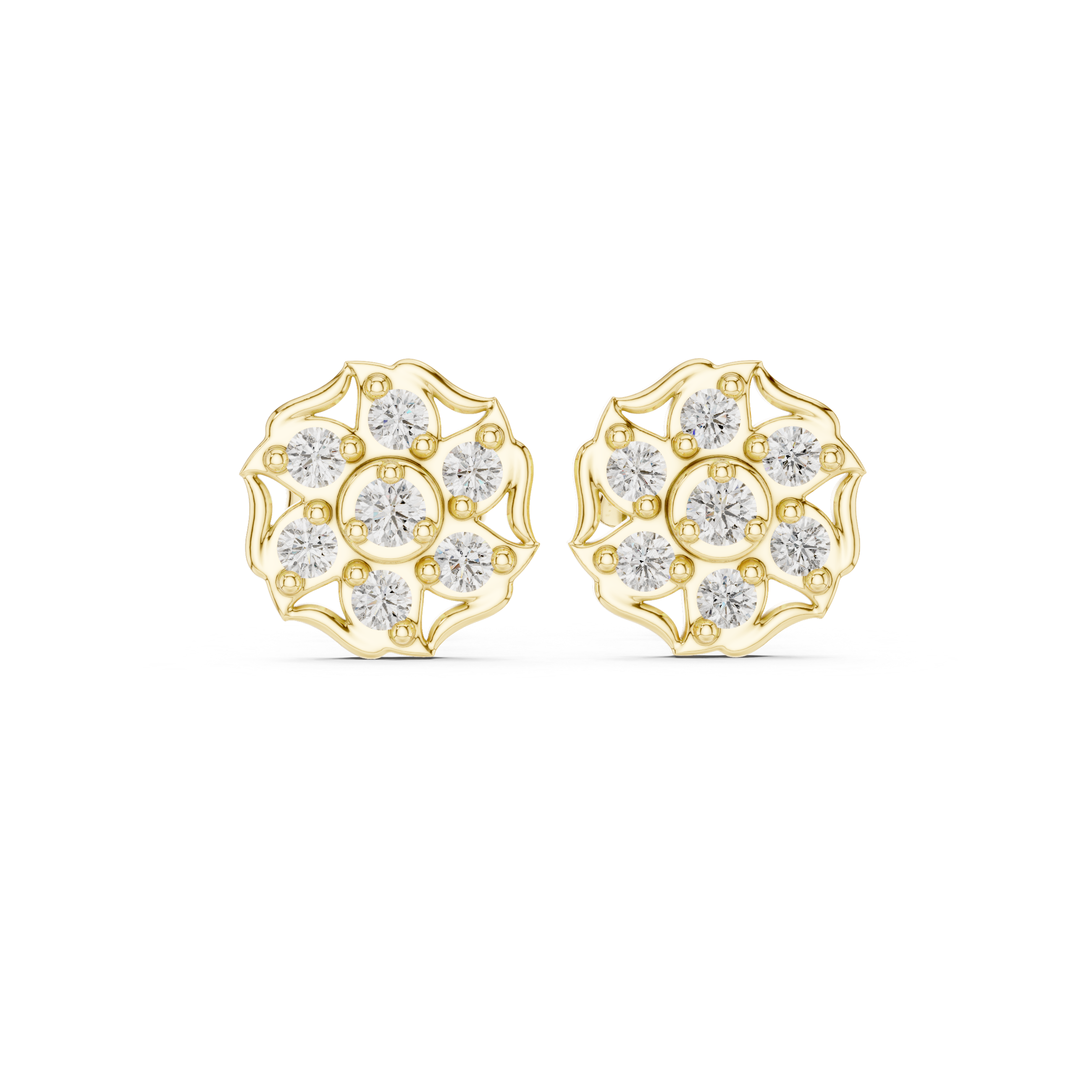 Round Cut Diamond Floral Cluster Stud Earrings with Halo Motif Prong Setting