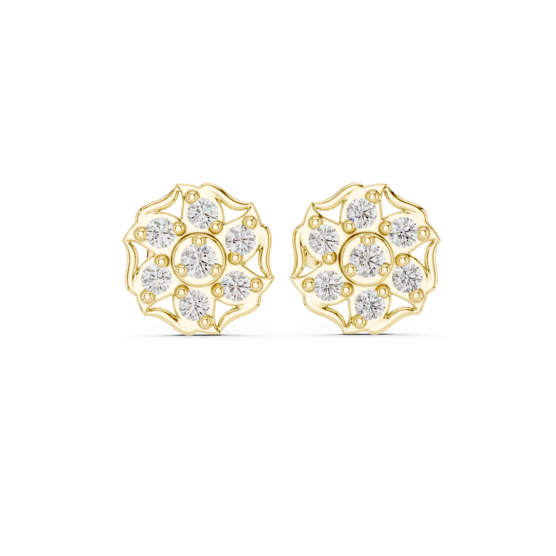 Round Cut Diamond Floral Cluster Stud Earrings with Halo Motif Prong Setting