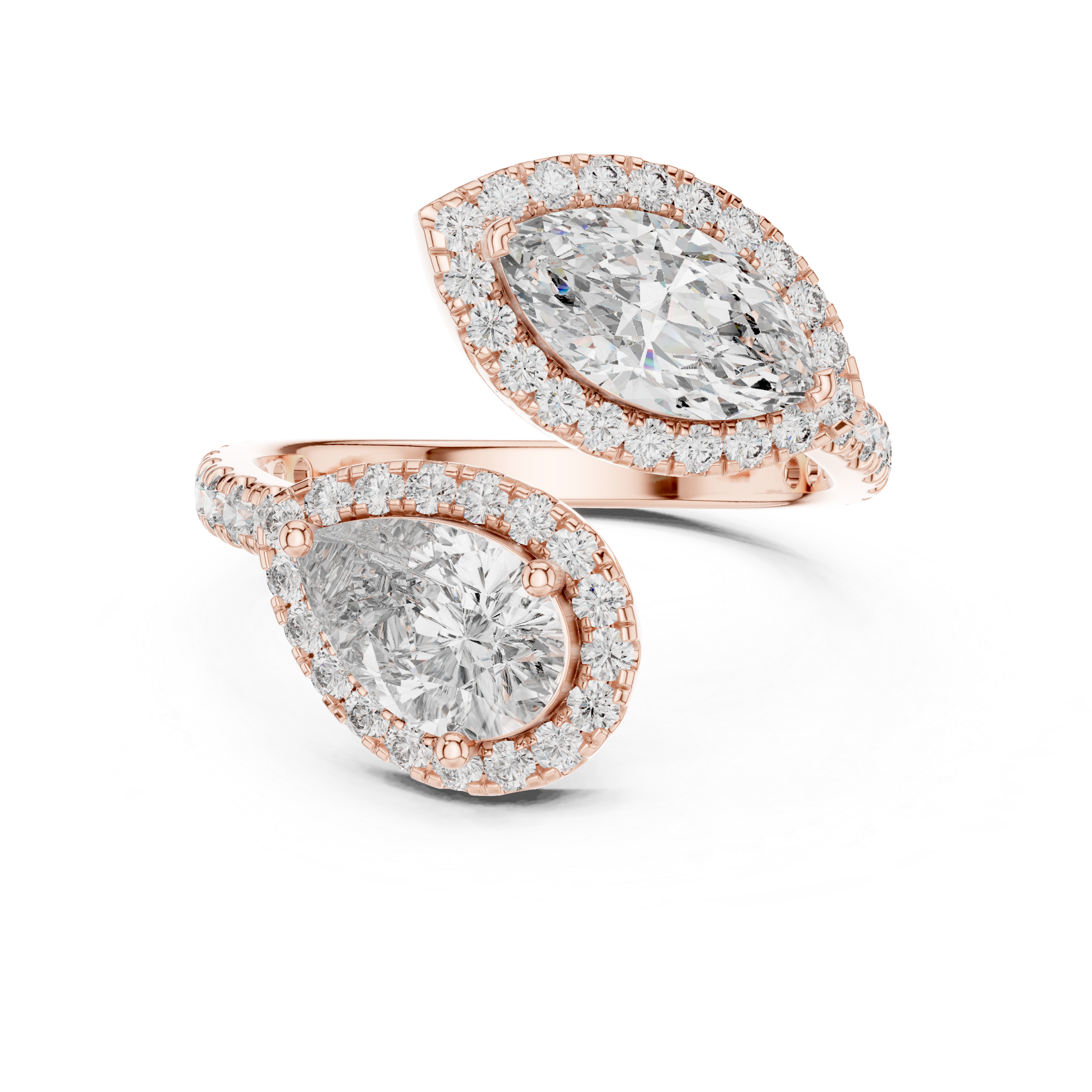Pear and Marquise Cut Diamond Toi et Moi Halo Bypass Ring
